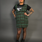 Sleeveless Tweed Low V-Neck Plaid Overall Mini Dress in Green