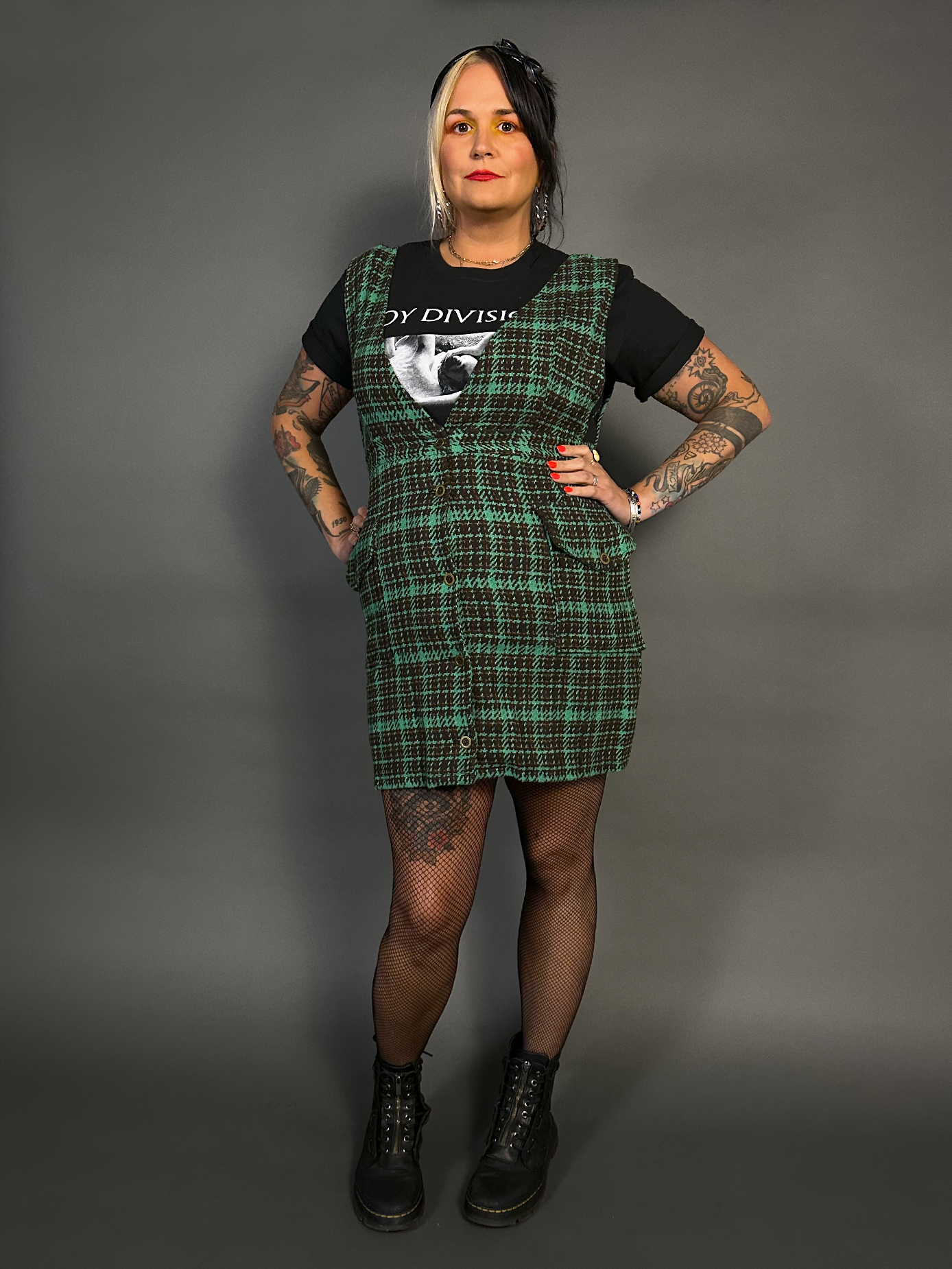 Sleeveless Tweed Low V-Neck Plaid Overall Mini Dress in Green