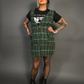 Sleeveless Tweed Low V-Neck Plaid Overall Mini Dress in Green
