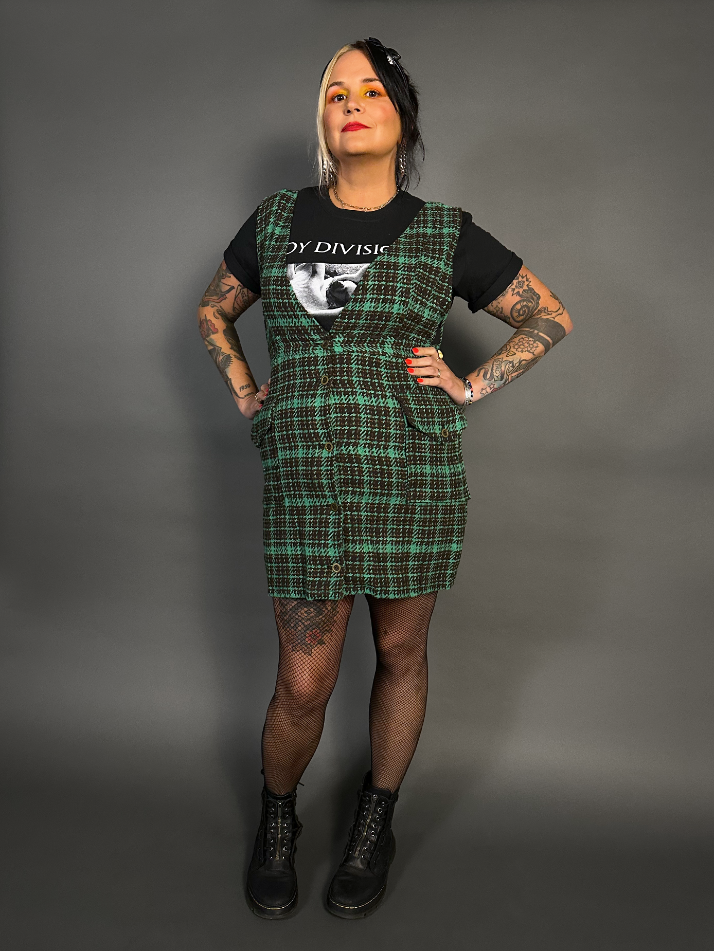 Sleeveless Tweed Low V-Neck Plaid Overall Mini Dress in Green