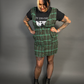 Sleeveless Tweed Low V-Neck Plaid Overall Mini Dress in Green