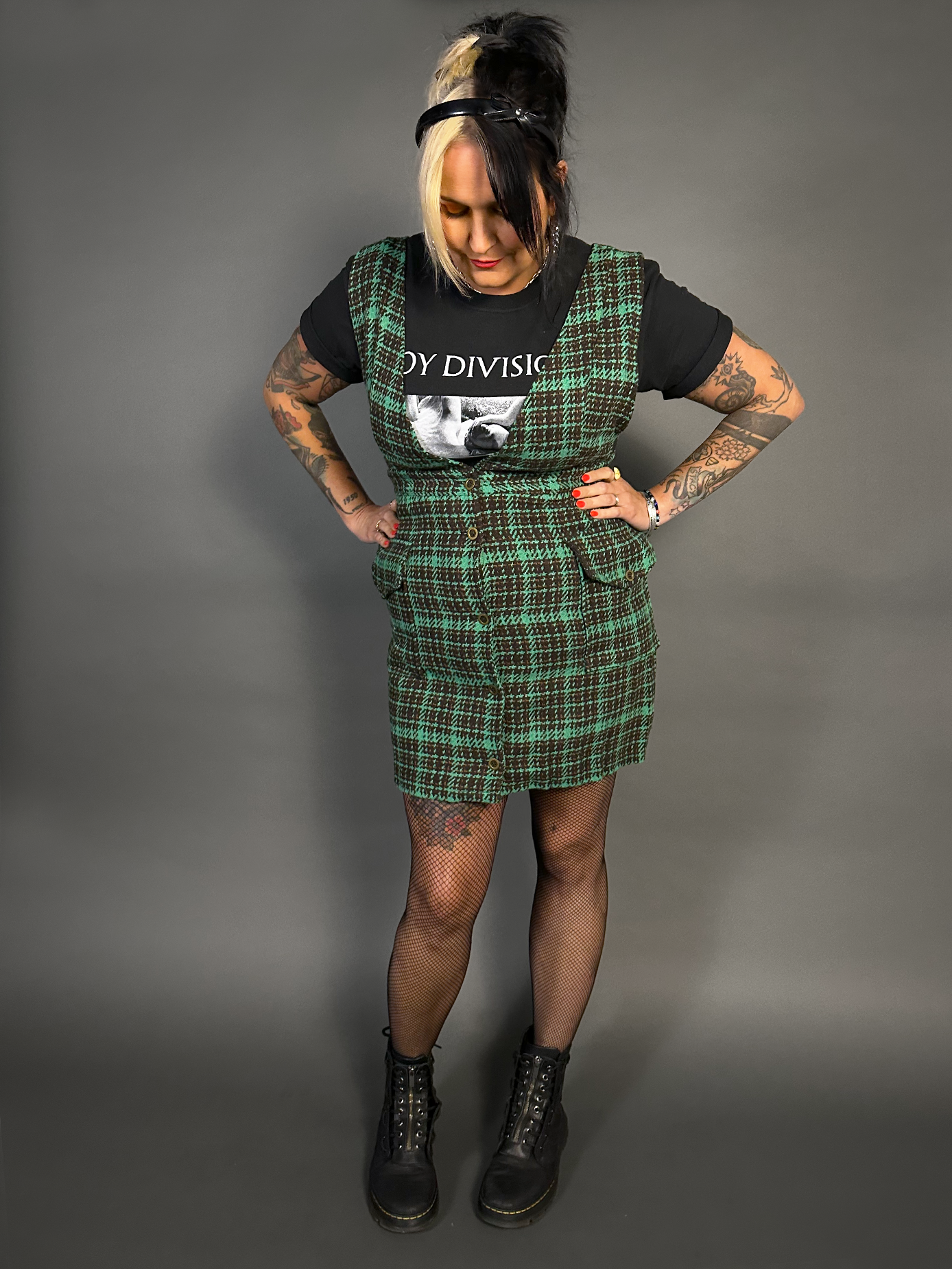Sleeveless Tweed Low V-Neck Plaid Overall Mini Dress in Green