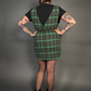 Sleeveless Tweed Low V-Neck Plaid Overall Mini Dress in Green