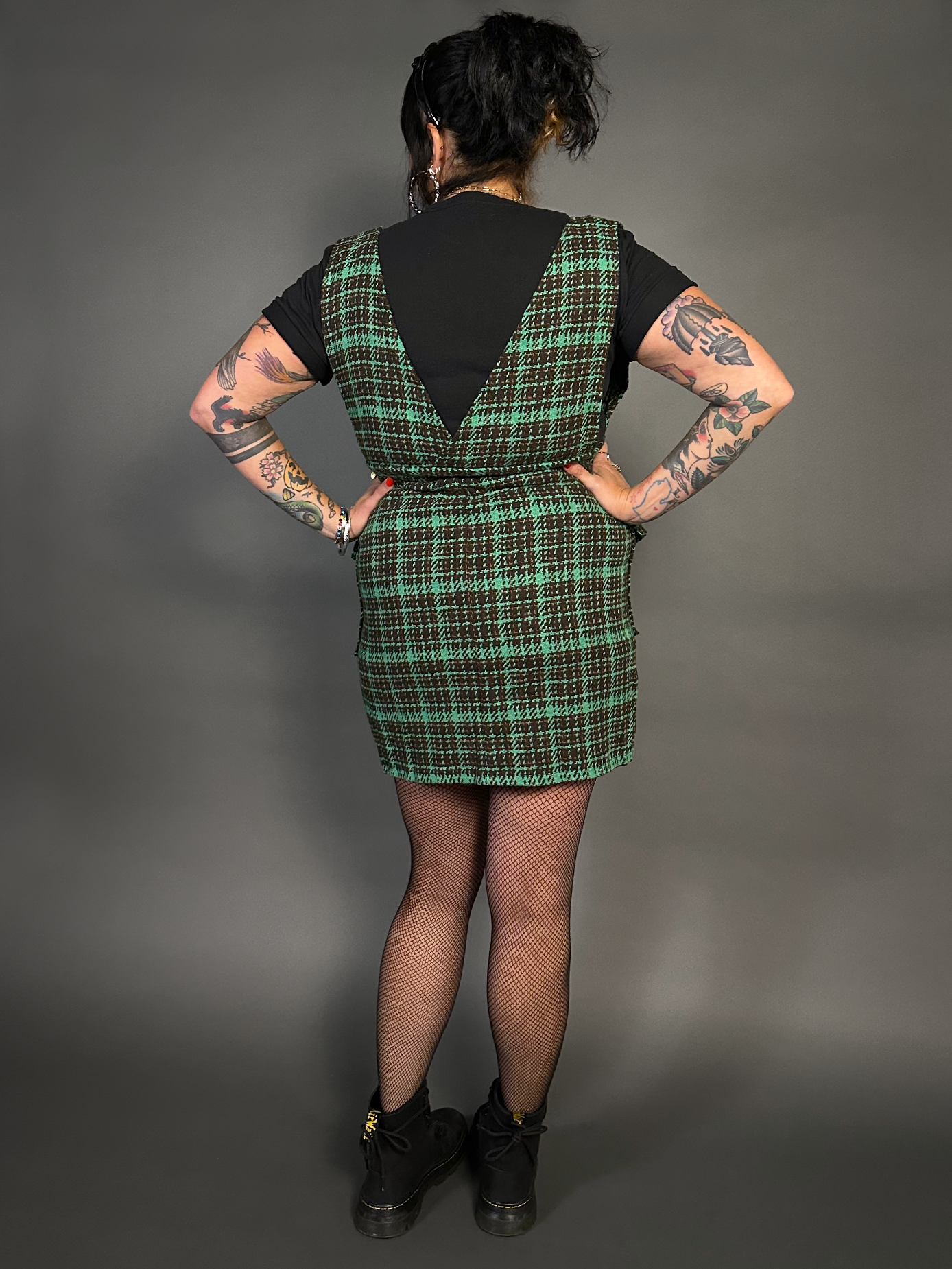 Sleeveless Tweed Low V-Neck Plaid Overall Mini Dress in Green