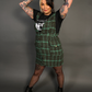 Sleeveless Tweed Low V-Neck Plaid Overall Mini Dress in Green
