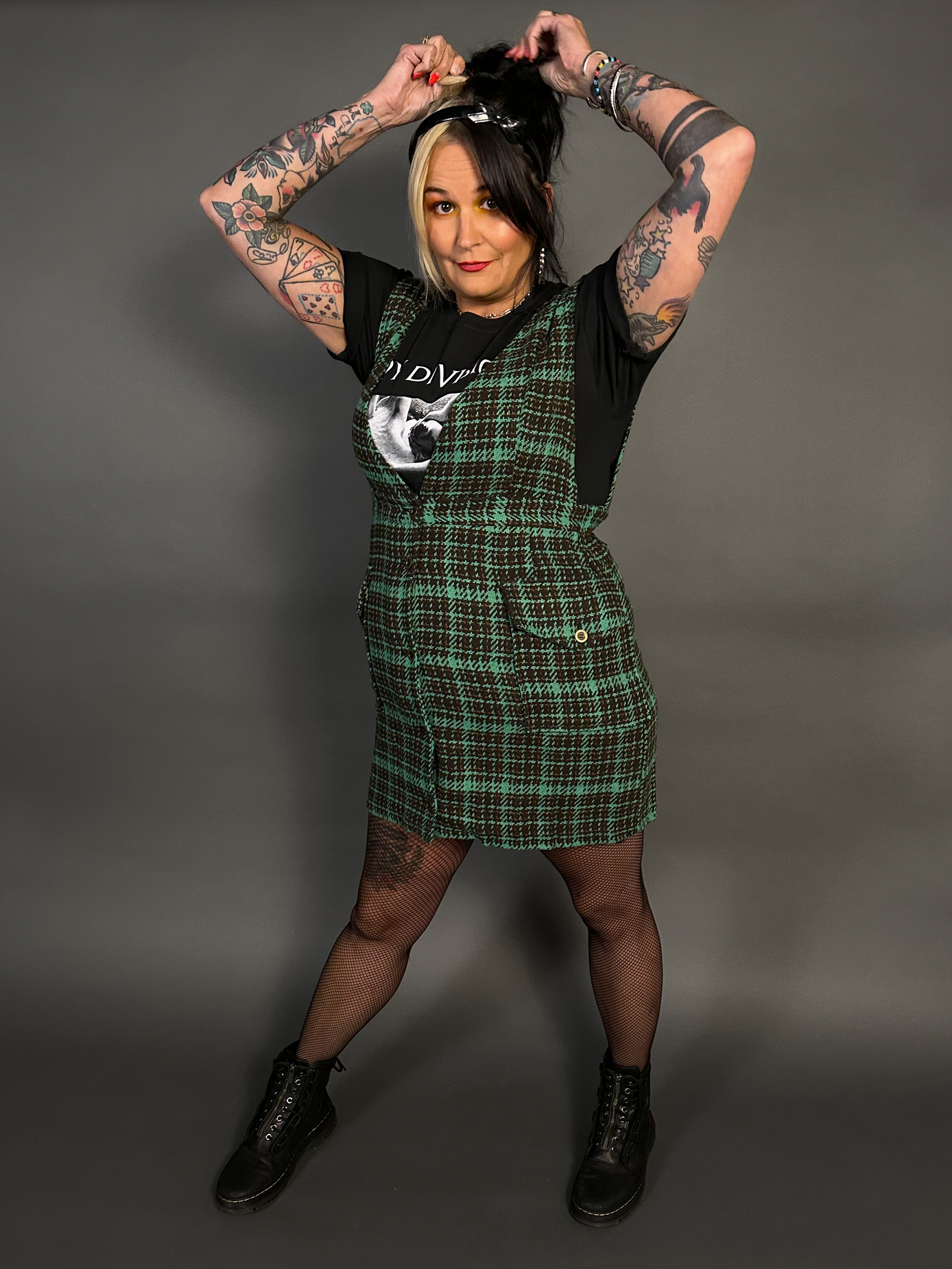 Sleeveless Tweed Low V-Neck Plaid Overall Mini Dress in Green