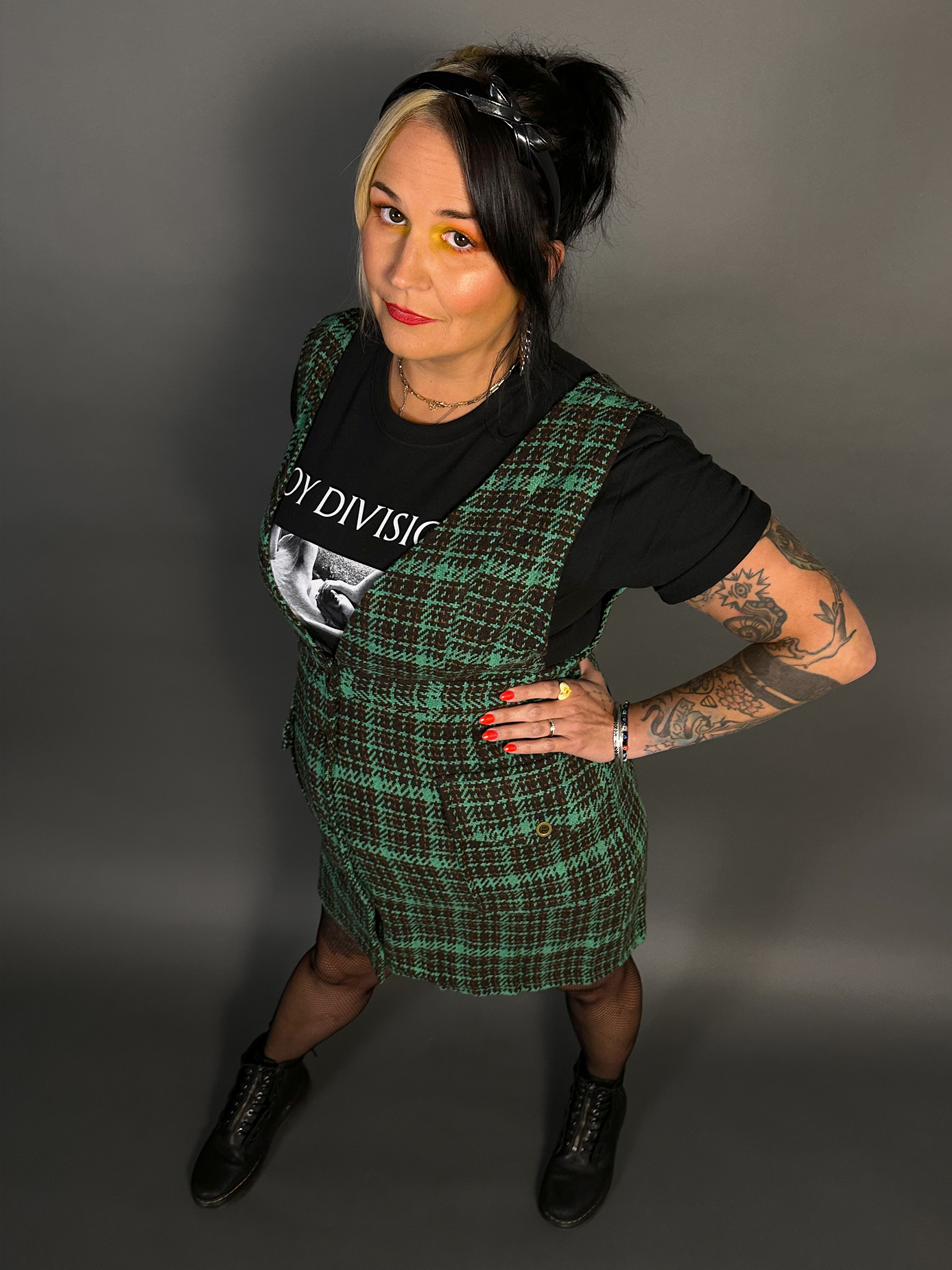 Sleeveless Tweed Low V-Neck Plaid Overall Mini Dress in Green