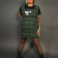 Sleeveless Tweed Low V-Neck Plaid Overall Mini Dress in Green