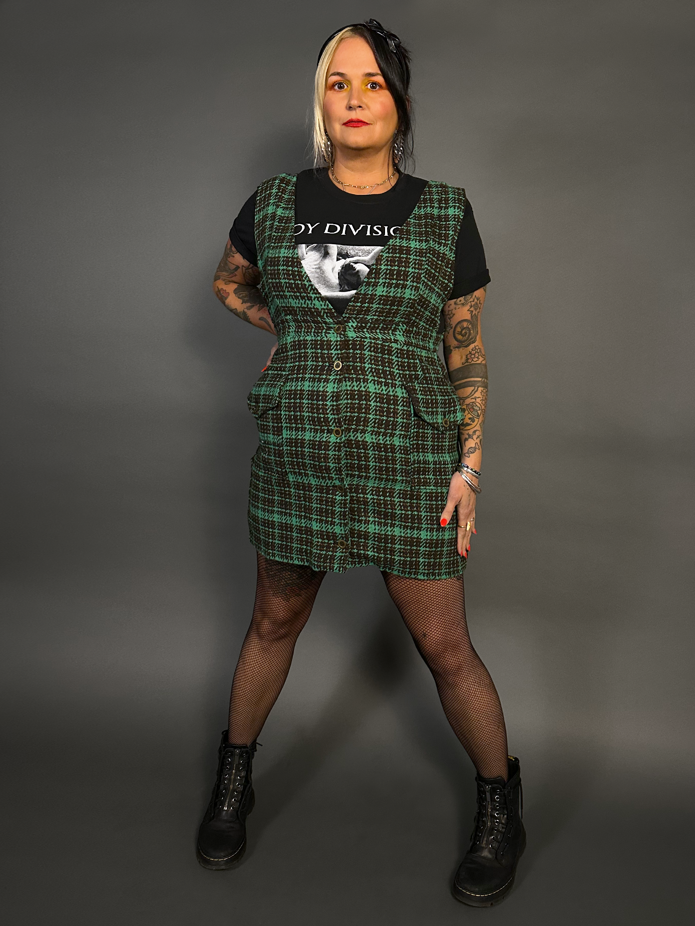 Sleeveless Tweed Low V-Neck Plaid Overall Mini Dress in Green
