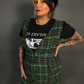 Sleeveless Tweed Low V-Neck Plaid Overall Mini Dress in Green