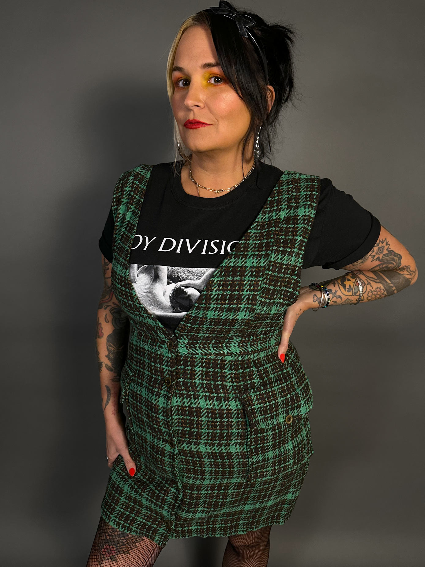 Sleeveless Tweed Low V-Neck Plaid Overall Mini Dress in Green