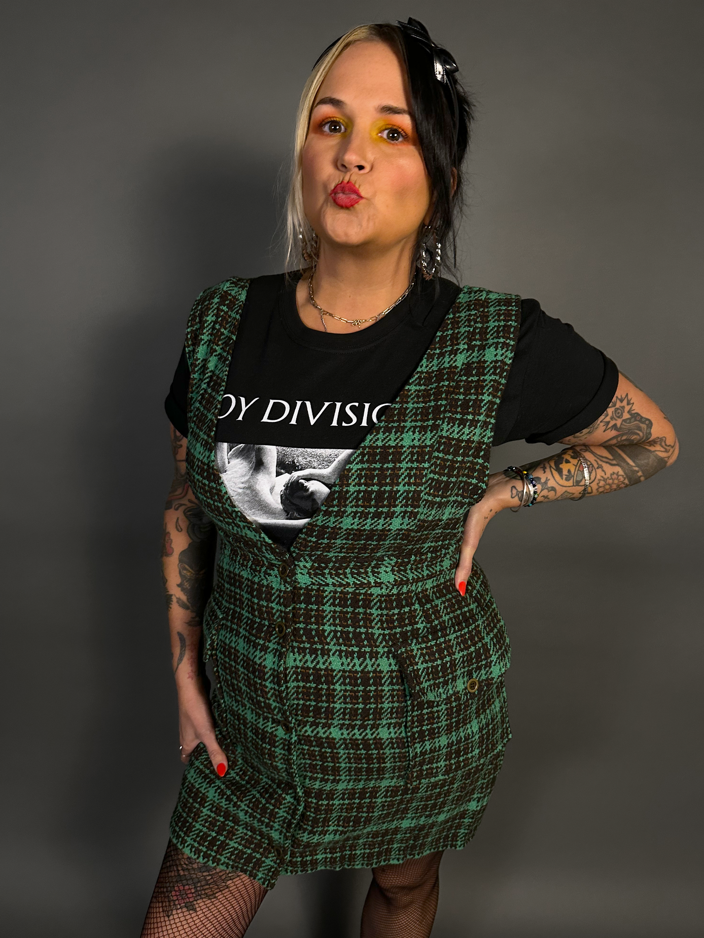 Sleeveless Tweed Low V-Neck Plaid Overall Mini Dress in Green