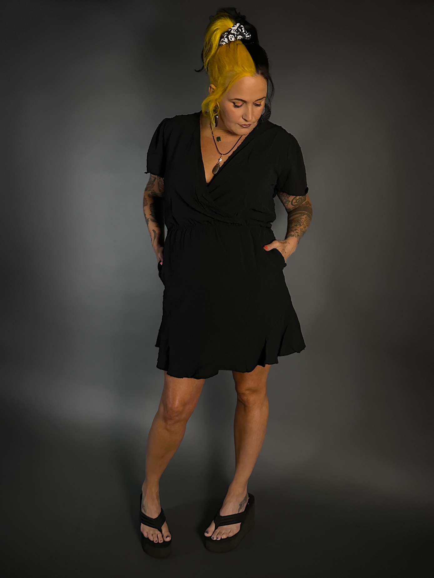 black mini dress with split Split Flair Sleeve Deep V-neck Swiss Dot Mini Dress with Pockets –  Tommyrot.shop