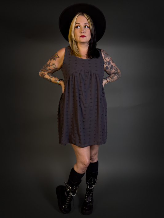 Swiss Dot Babydoll Scoop Neck Goth / Punk / Alt Dress in Ash Black