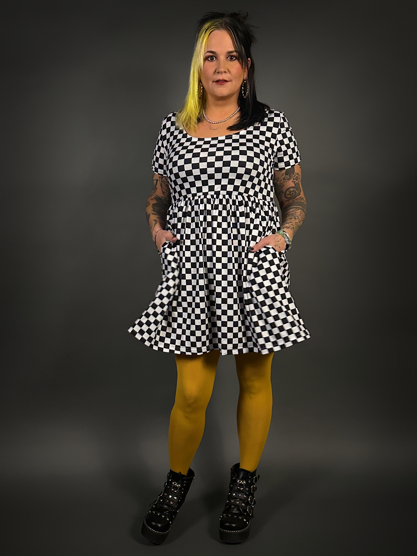 skater dress Tommyrot Checkered Short Sleeve Stretch Skater Dress with Pockets S / Black & White Checker