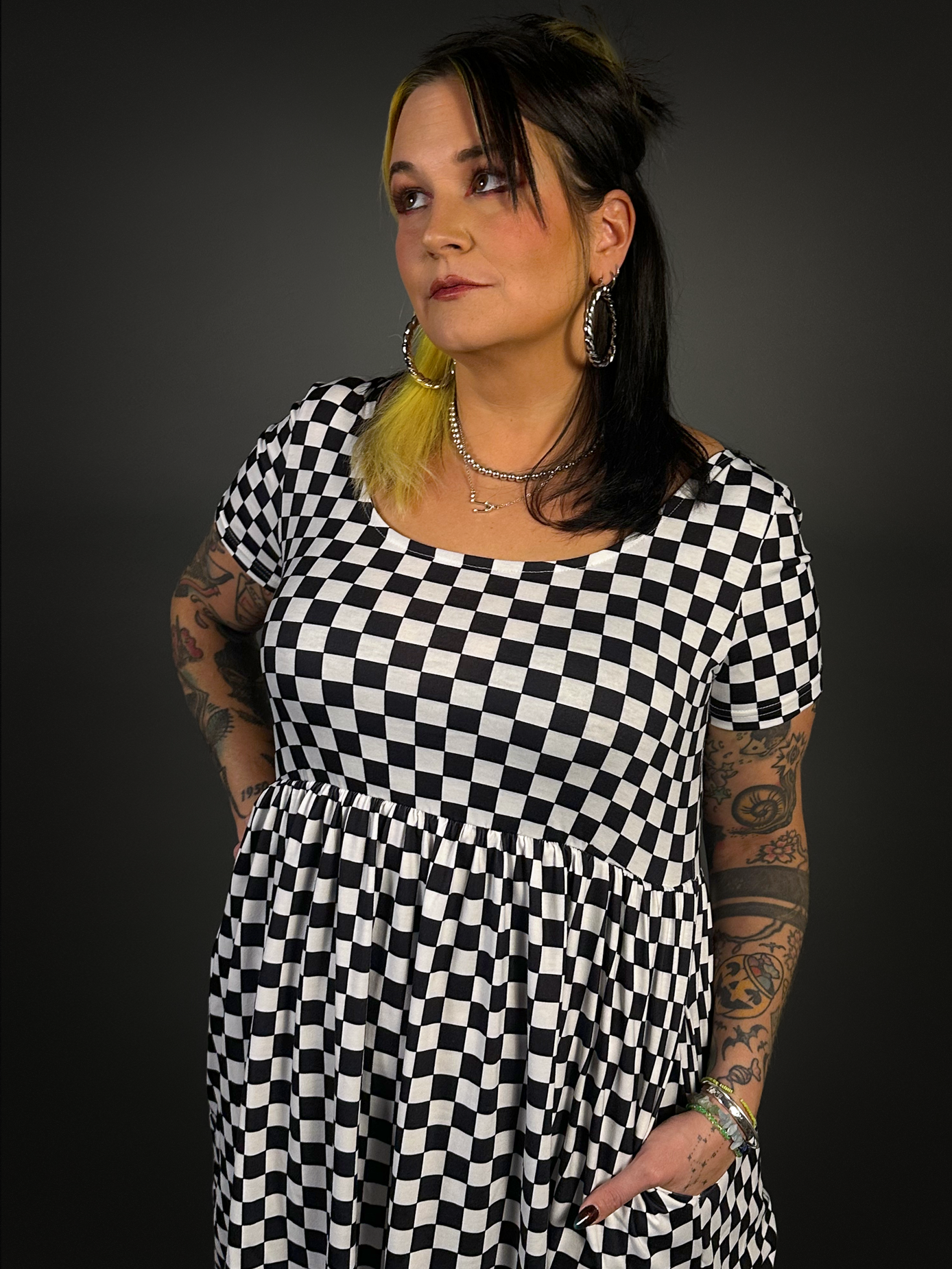Tommyrot Checkered Short Sleeve Stretch Skater Dress with Pockets S / Black & White Checker Tommyrot Checkered Short Sleeve Stretch Skater Dress with Pockets S / Black & White Checker