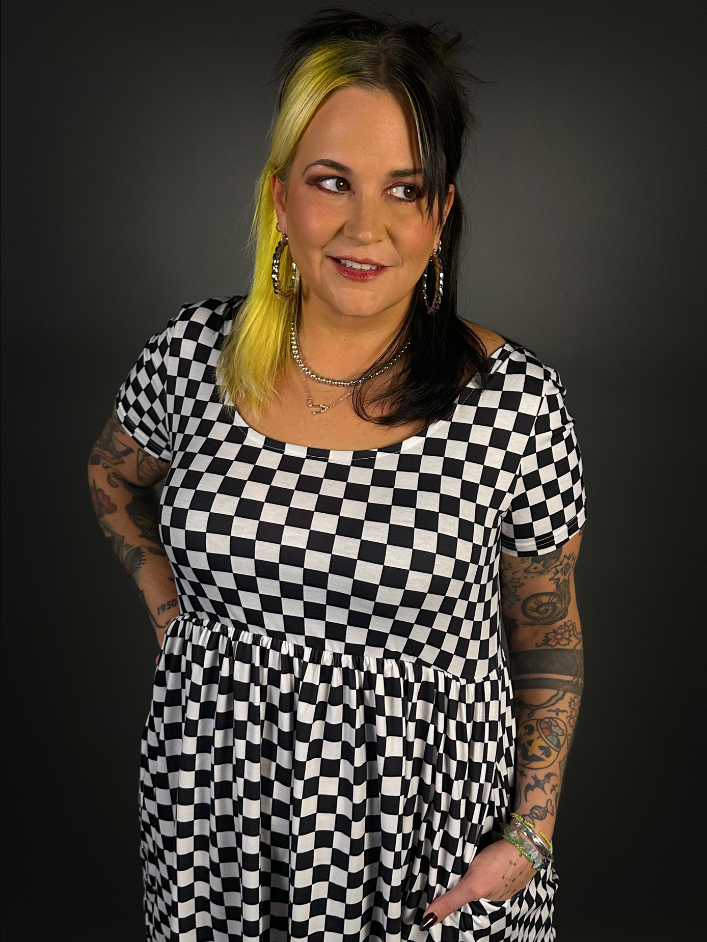 Tommyrot Checkered Short Sleeve Stretch Skater Dress with Pockets Tommyrot.shop Tommyrot Checkered Short Sleeve Stretch Skater Dress with Pockets Tommyrot.shop