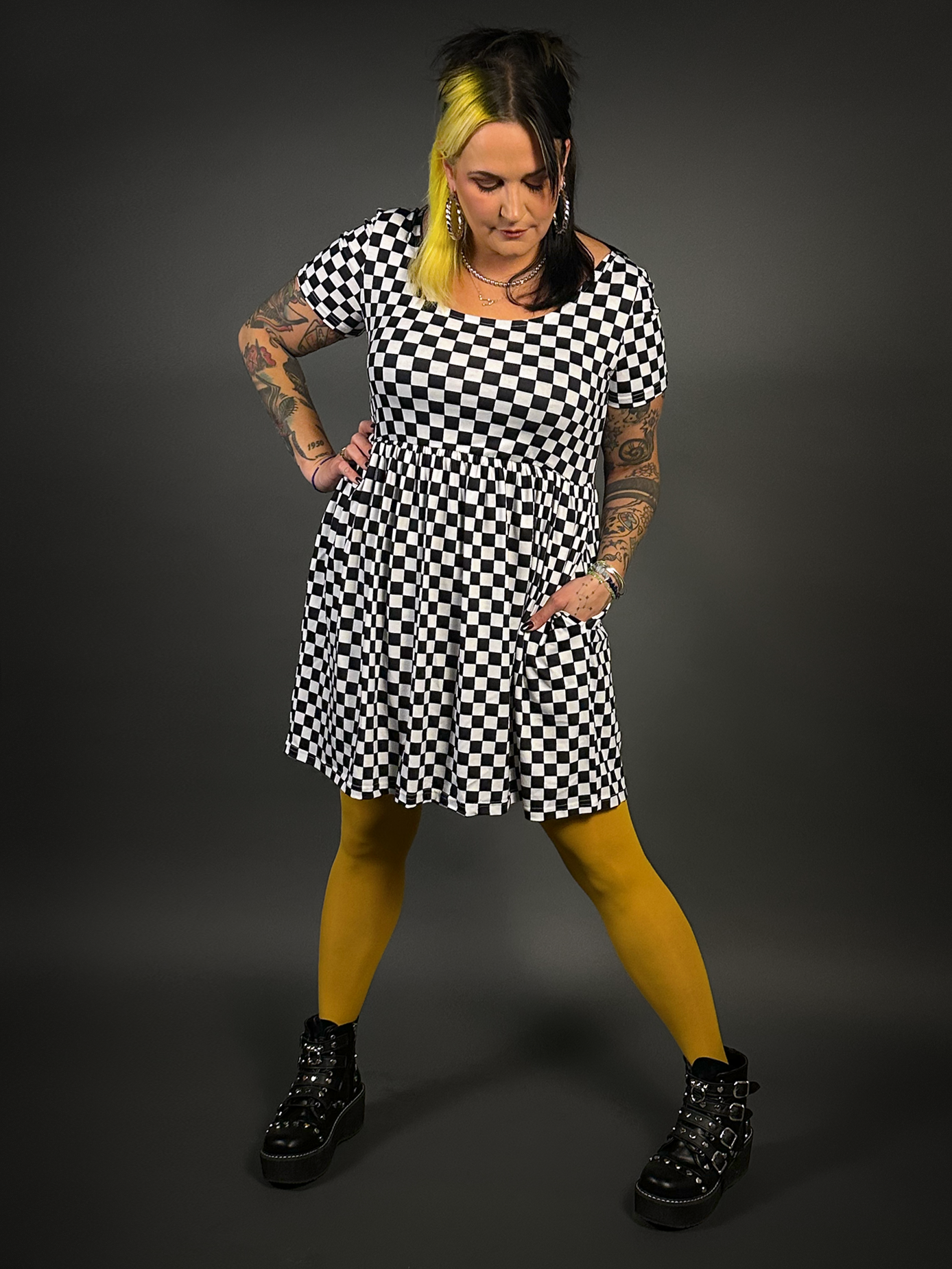 Tommyrot Checkered Short Sleeve Stretch Skater Dress with Pockets S / Black & White Checker Tommyrot Checkered Short Sleeve Stretch Skater Dress with Pockets S / Black & White Checker