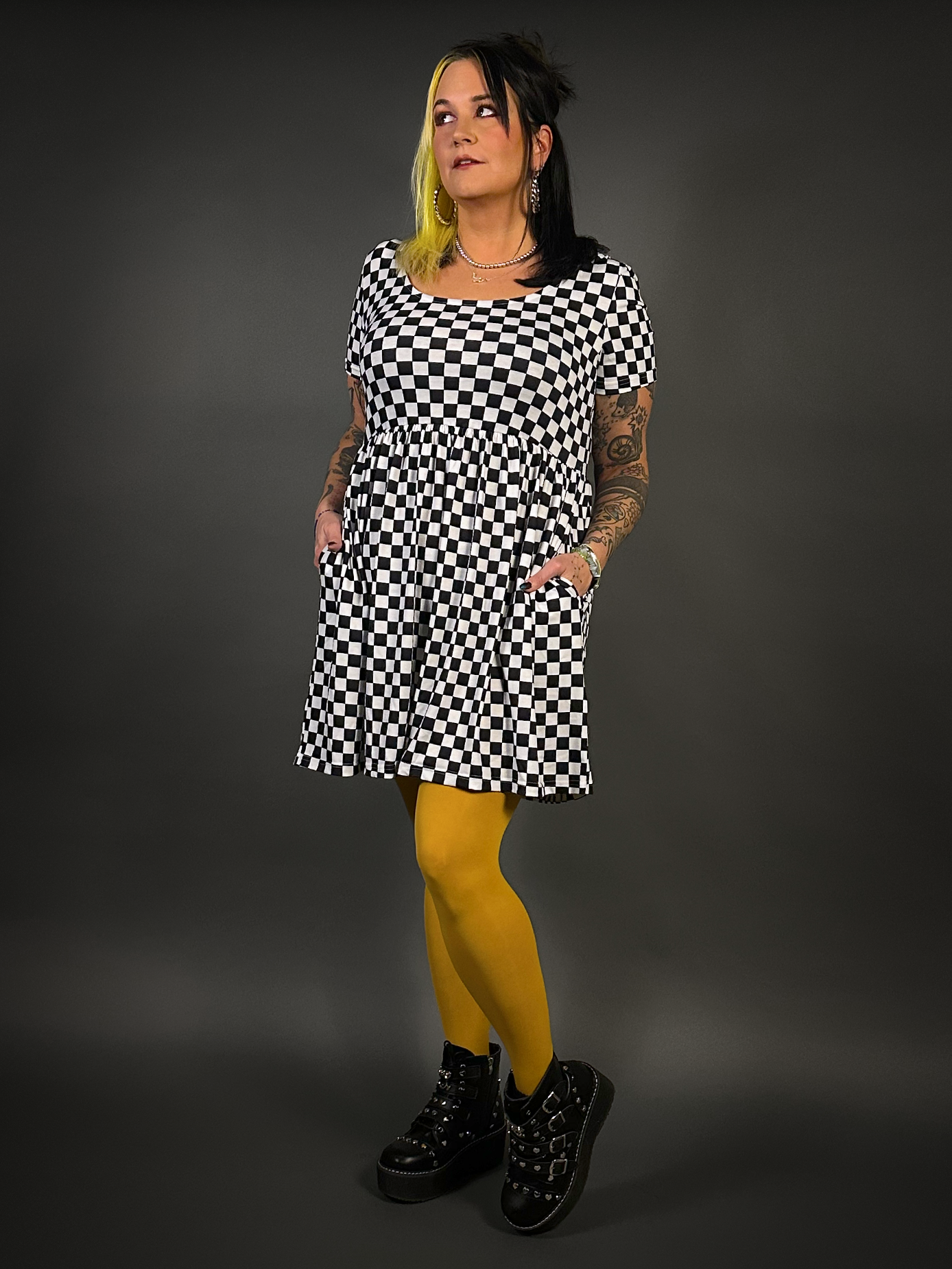 Tommyrot Checkered Short Sleeve Stretch Skater Dress with Pockets