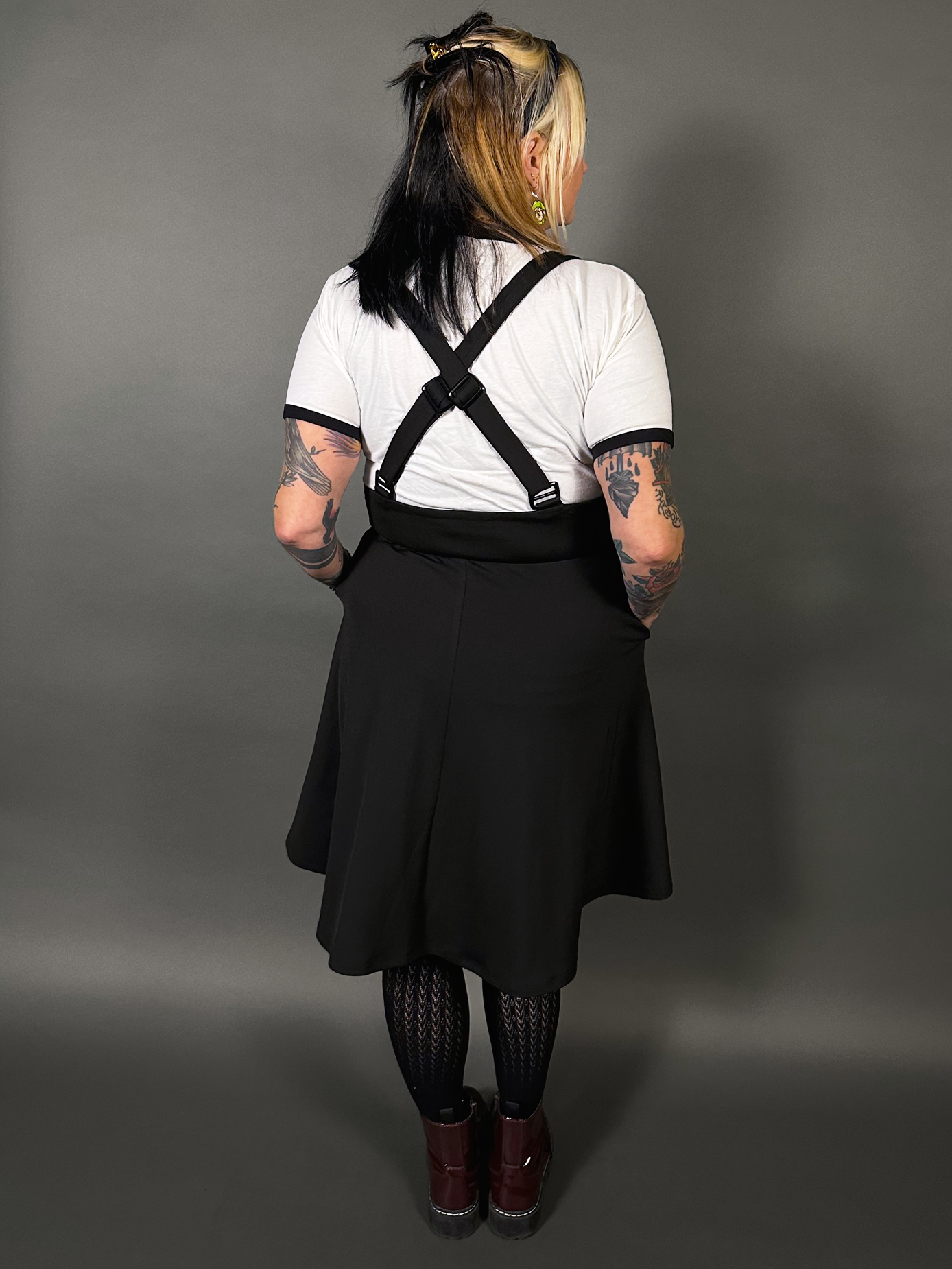 Tommyrot High Waist Zip Up Front Skirt with Adjustable Shoulder Straps in Black