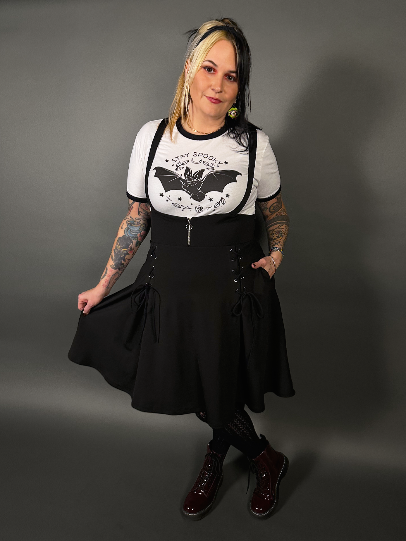 Tommyrot High Waist Zip Up Front Skirt with Adjustable Shoulder Straps in Black