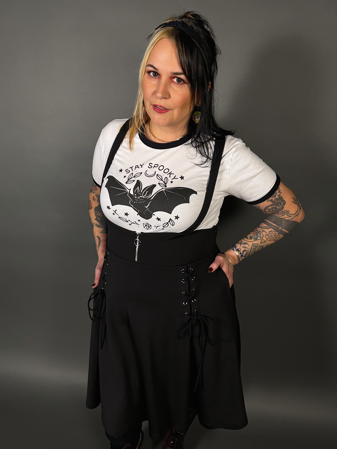 Tommyrot High Waist Zip Up Front Skirt with Adjustable Shoulder Straps in Black