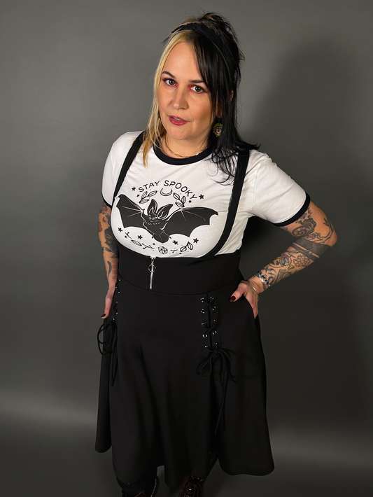 Tommyrot High Waist Zip Up Front Skirt with Adjustable Shoulder Straps in Black