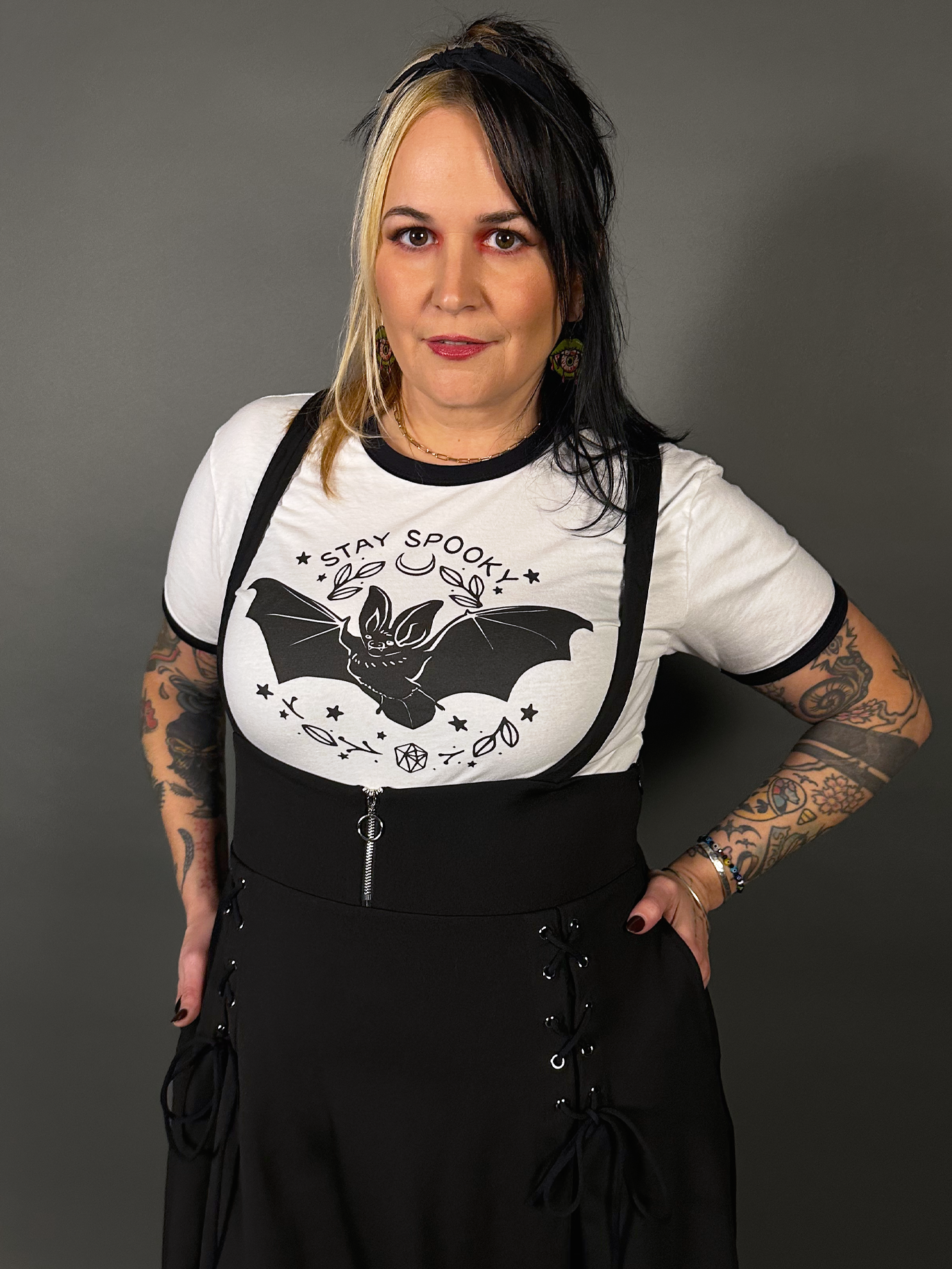 Outfit Set - Tommyrot High Waist Skirt with Shoulder Straps & Bat Graphic Ringer Tee