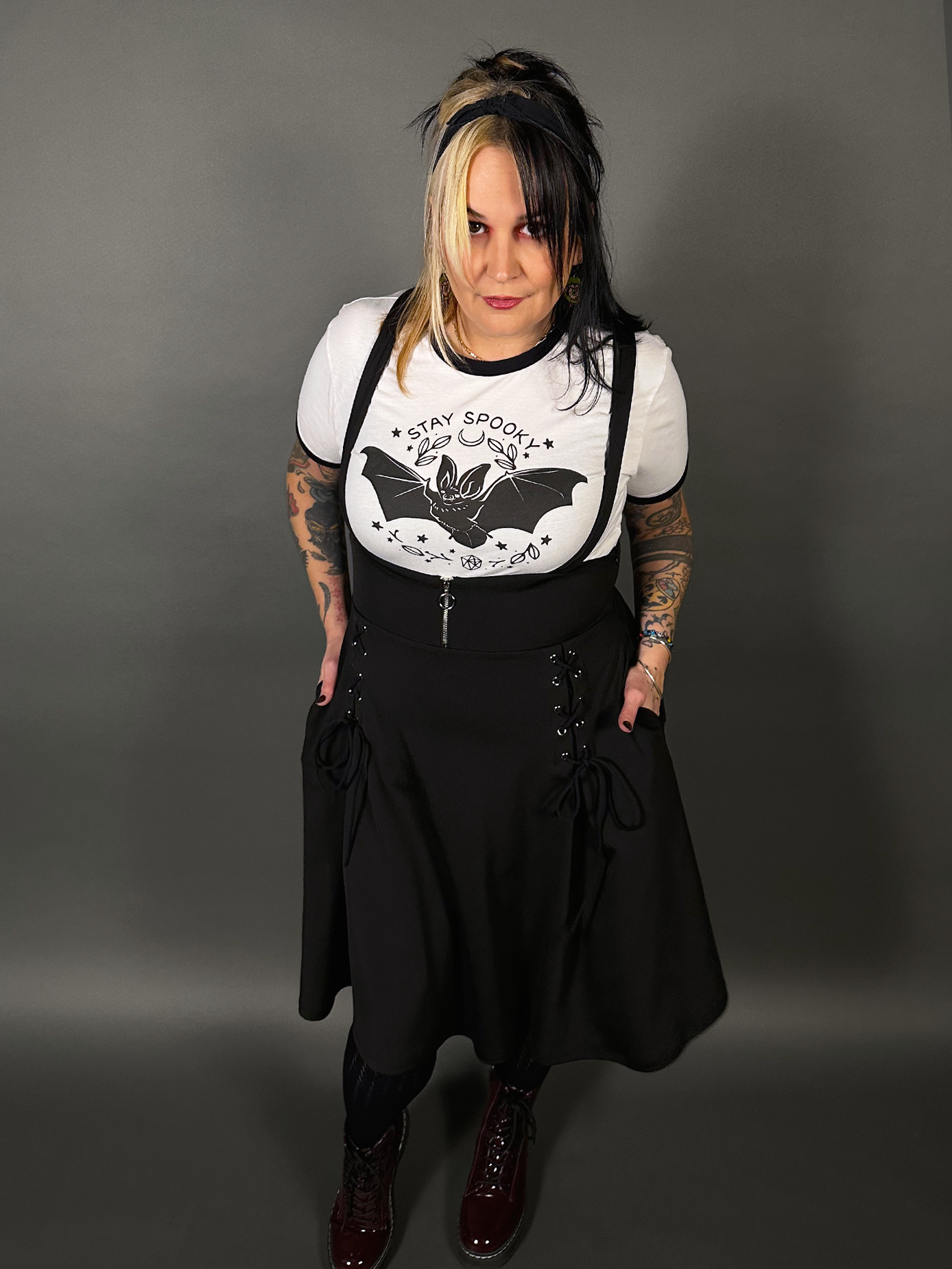 Tommyrot High Waist Zip Up Front Skirt with Adjustable Shoulder Straps in Black