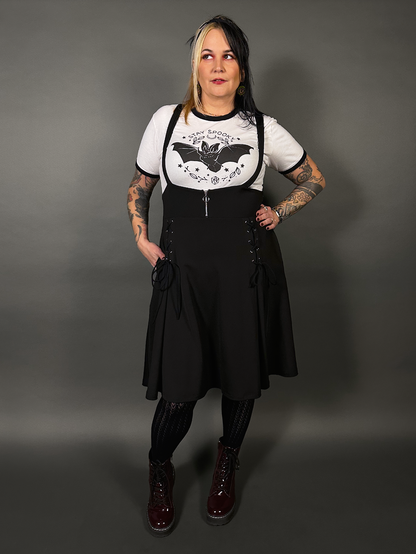 Outfit Set - Tommyrot High Waist Skirt with Shoulder Straps & Bat Graphic Ringer Tee