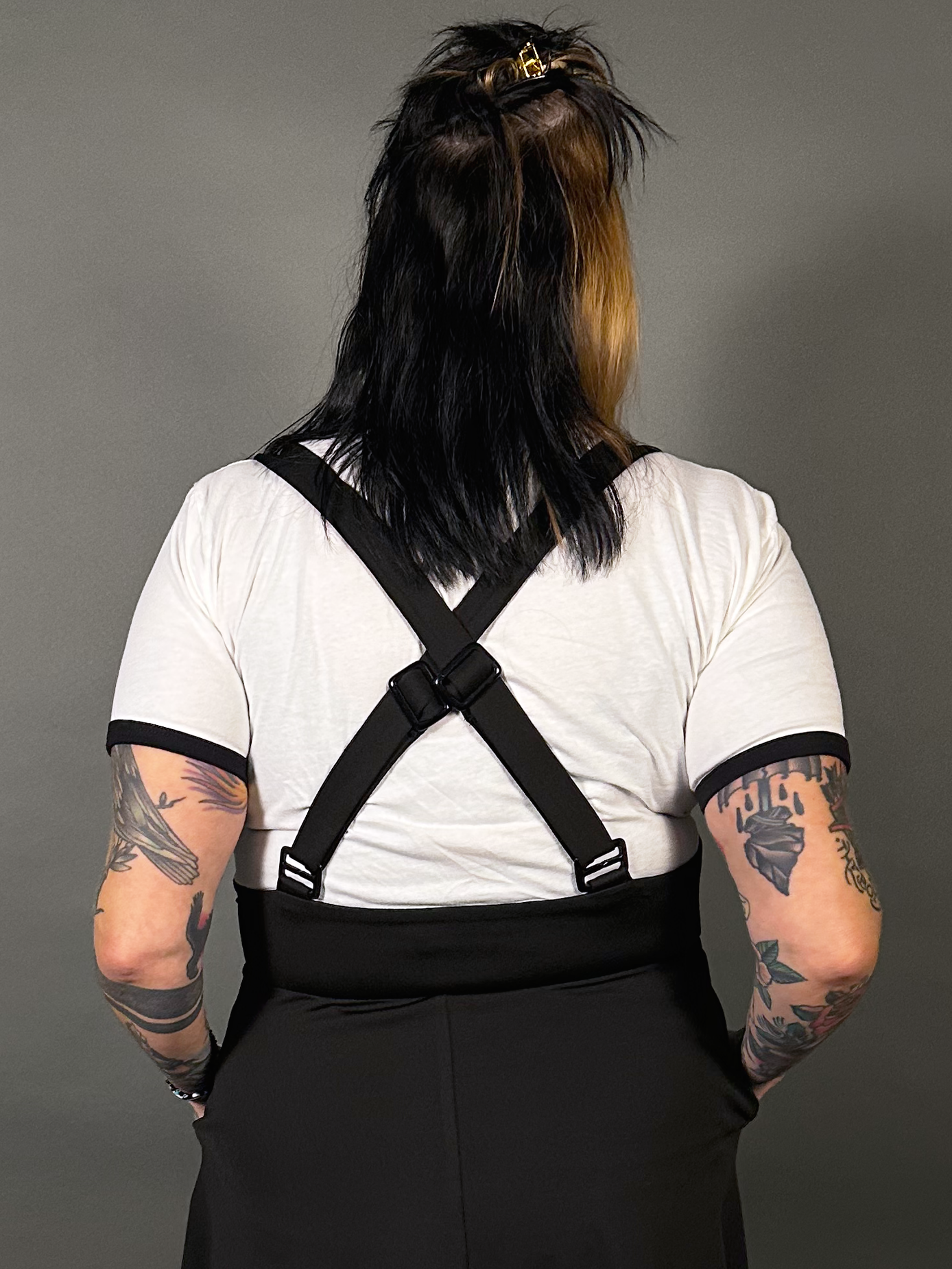 Tommyrot High Waist Zip Up Front Skirt with Adjustable Shoulder Straps in Black