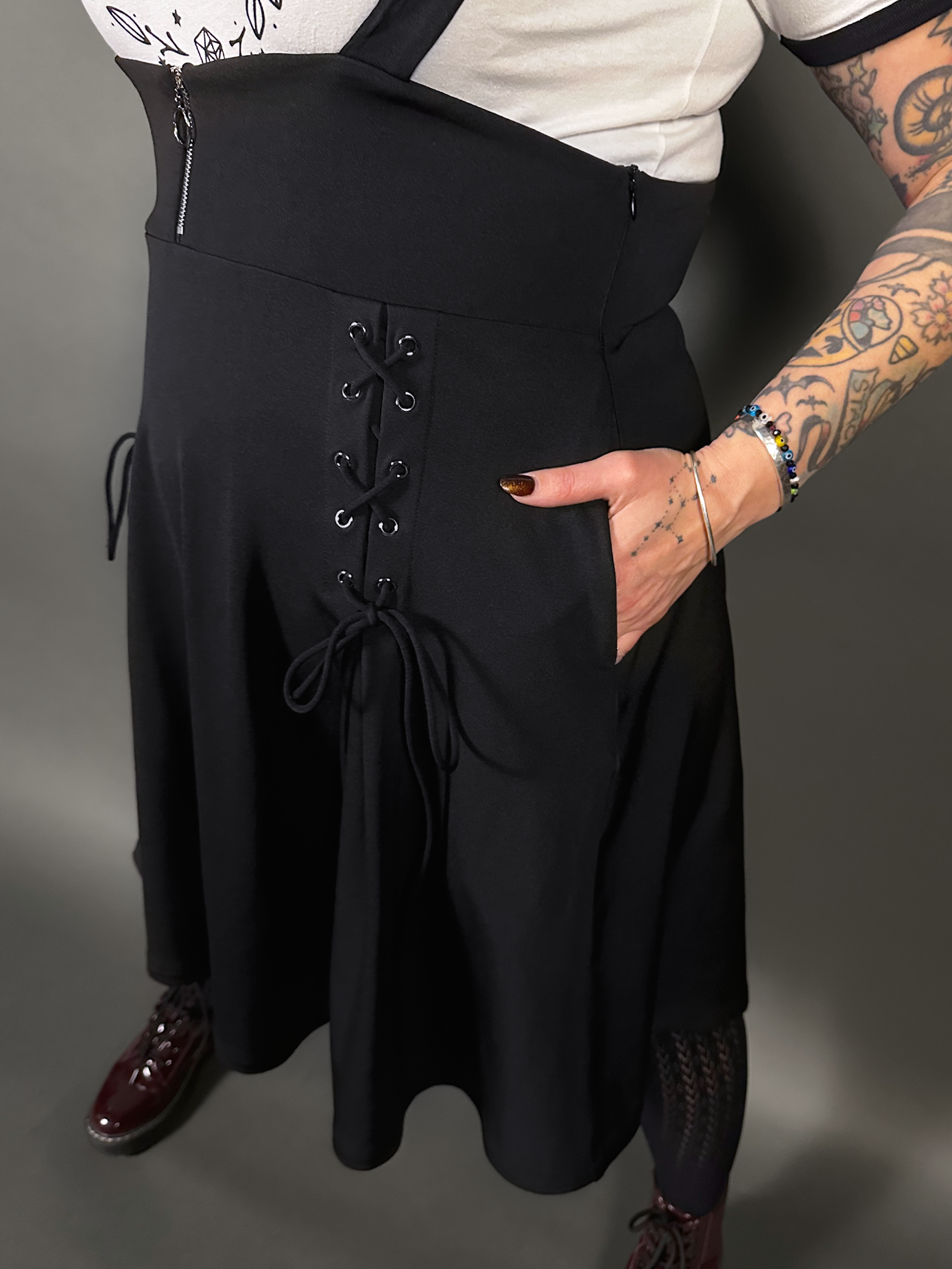 Outfit Set - Tommyrot High Waist Skirt with Shoulder Straps & Bat Graphic Ringer Tee