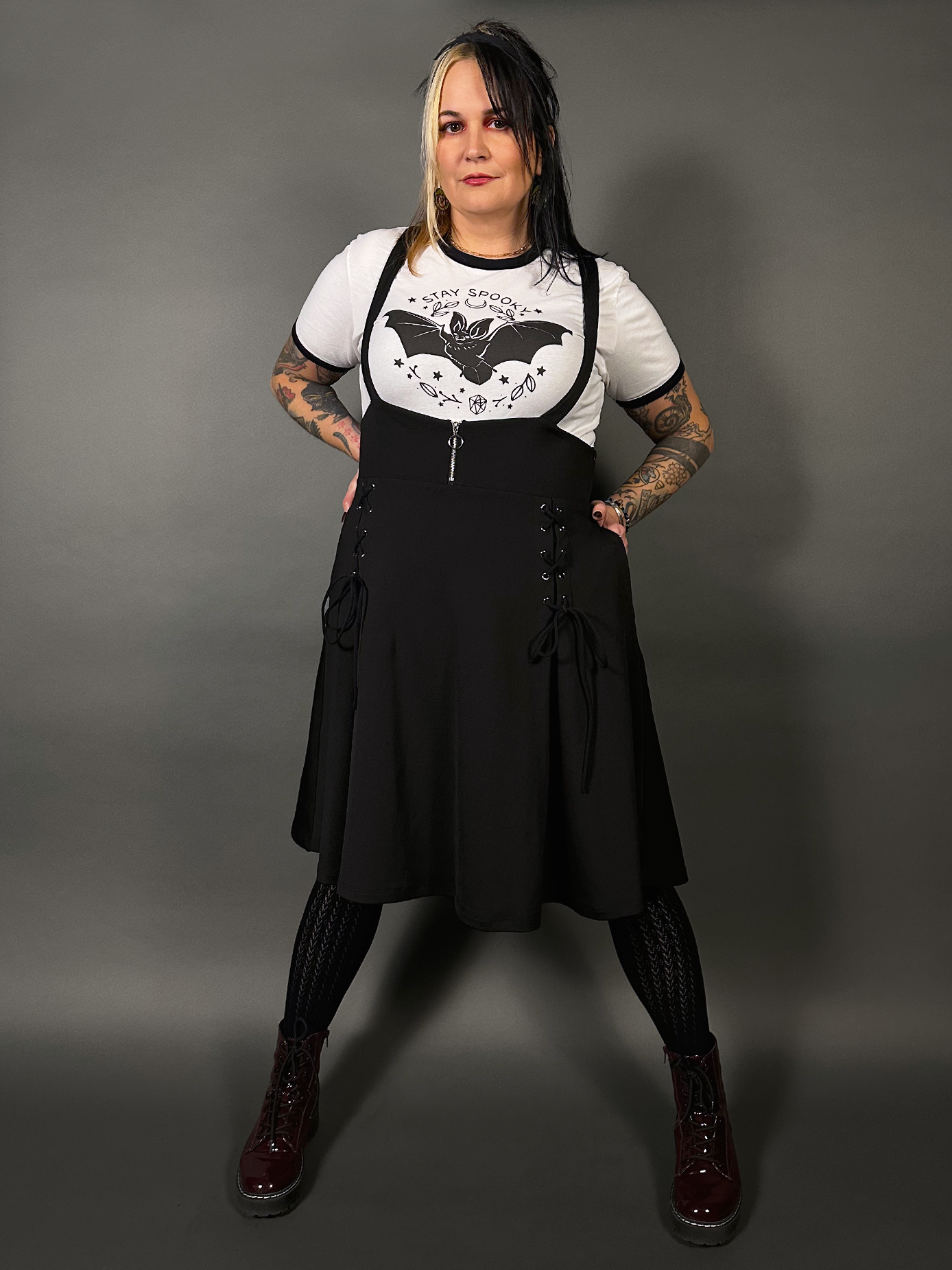 Outfit Set - Tommyrot High Waist Skirt with Shoulder Straps & Bat Graphic Ringer Tee