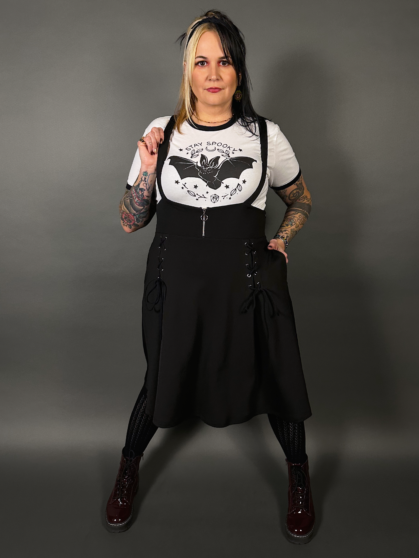 Outfit Set - Tommyrot High Waist Skirt with Shoulder Straps & Bat Graphic Ringer Tee