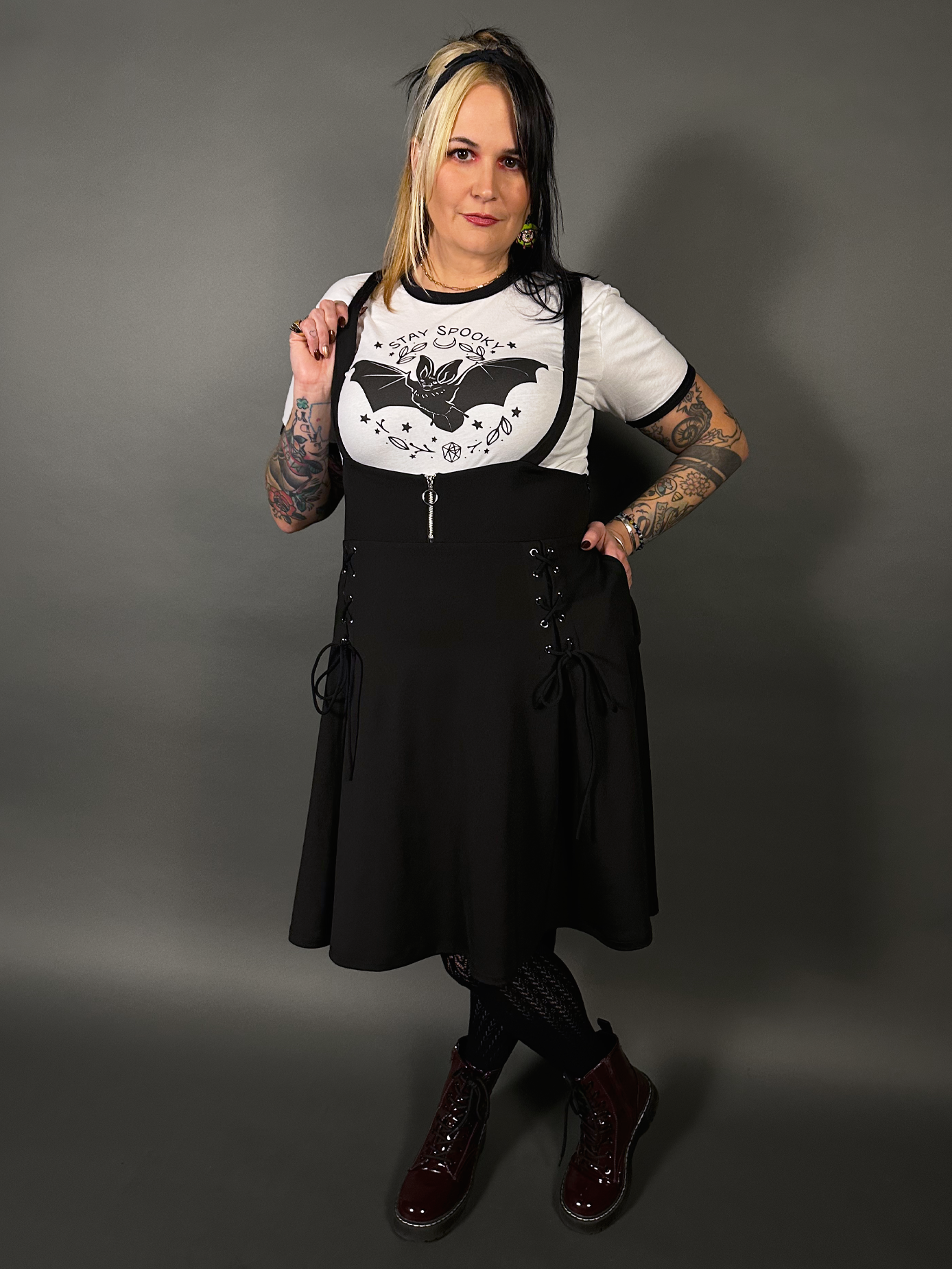 Outfit Set - Tommyrot High Waist Skirt with Shoulder Straps & Bat Graphic Ringer Tee