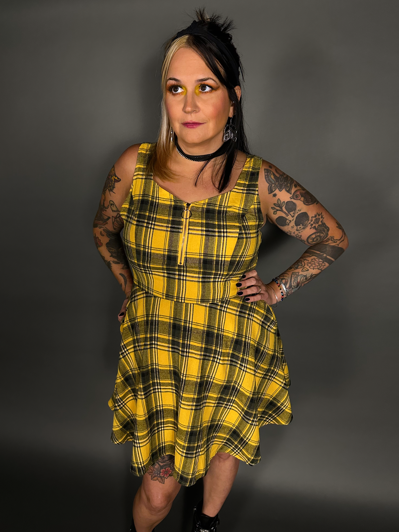 Tommyrot Mustard Yellow Plaid Sleeveless Mini Swing Dress with Front Zipper