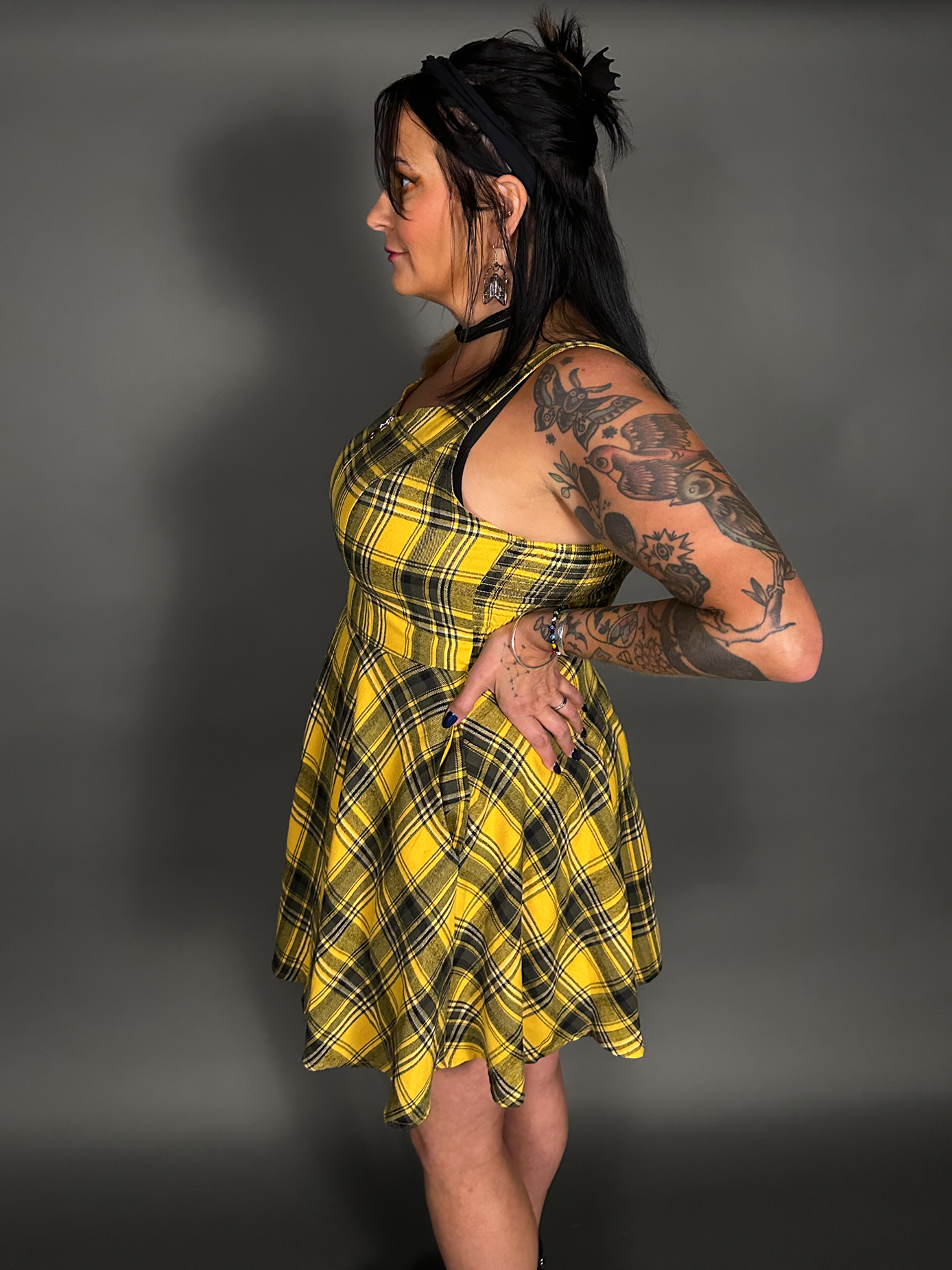 Tommyrot Mustard Yellow Plaid Sleeveless Mini Swing Dress with Front Zipper