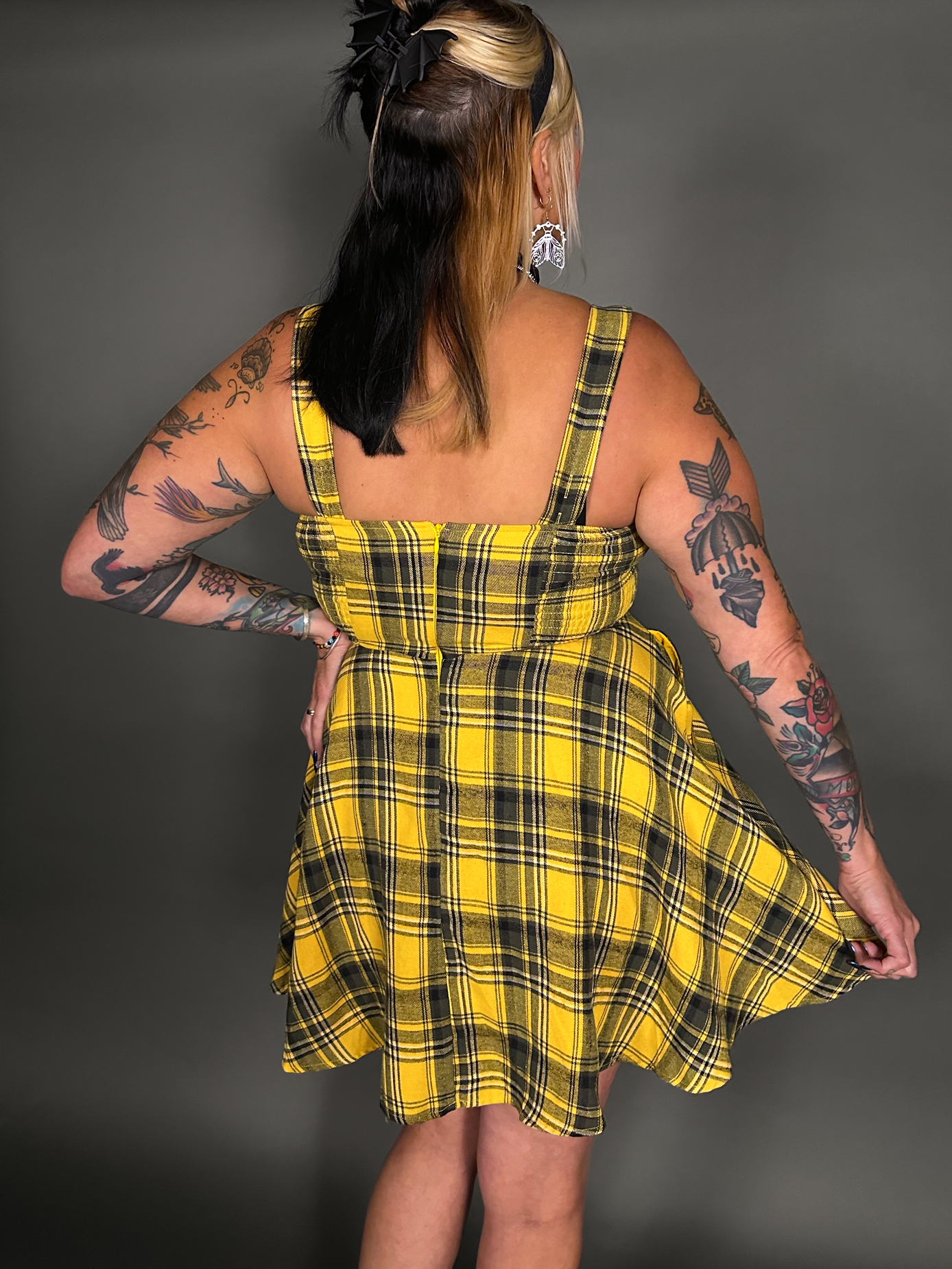 Tommyrot Mustard Yellow Plaid Sleeveless Mini Swing Dress with Front Zipper