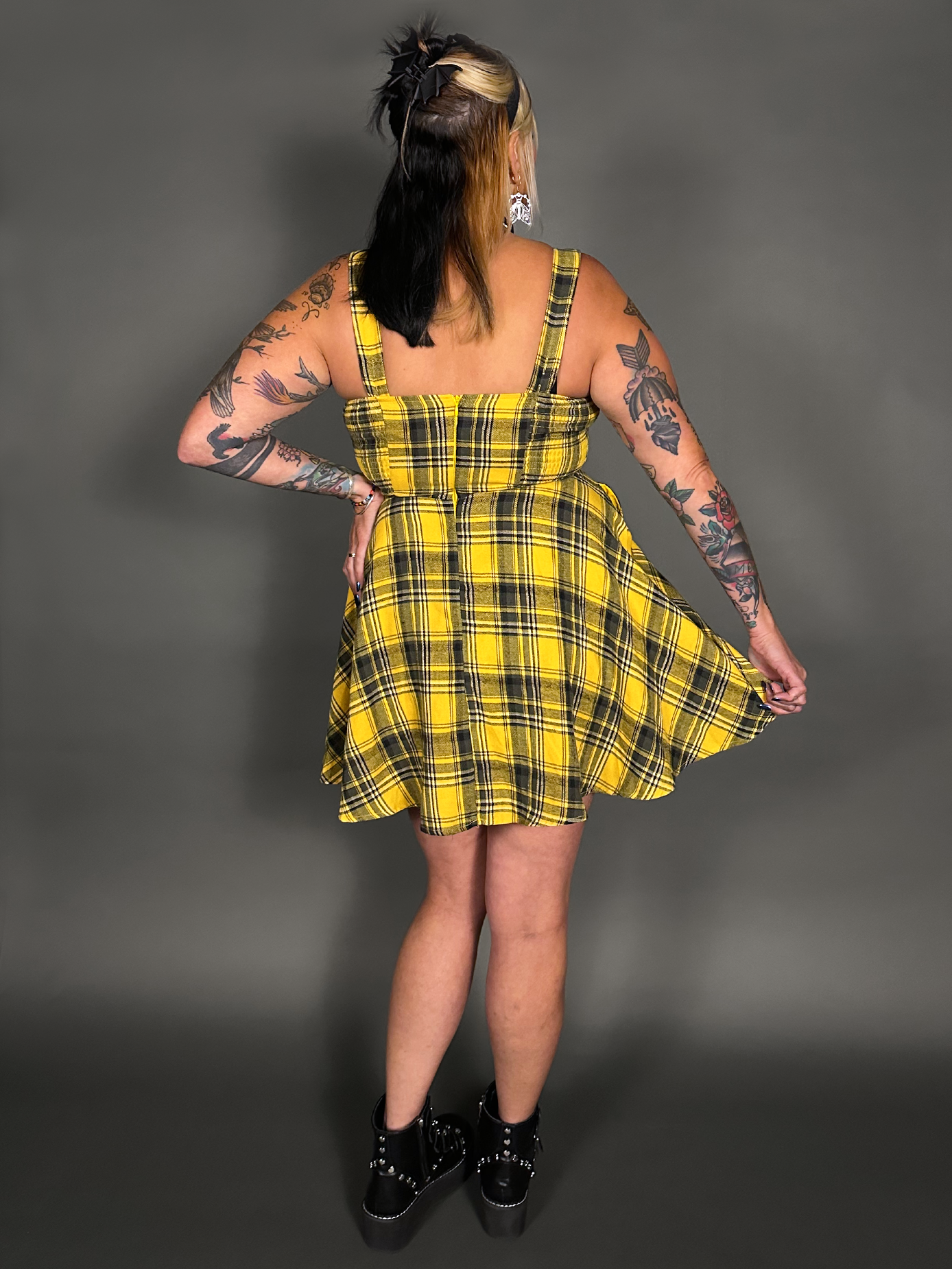 Tommyrot Mustard Yellow Plaid Sleeveless Mini Swing Dress with Front Zipper
