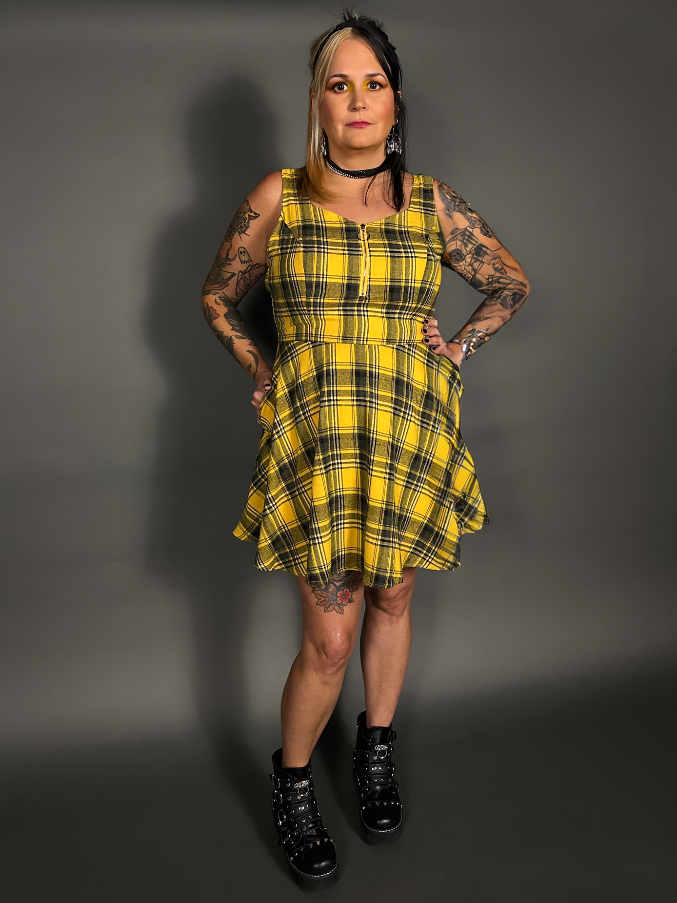 Tommyrot Mustard Yellow Plaid Sleeveless Mini Swing Dress with Front Zipper