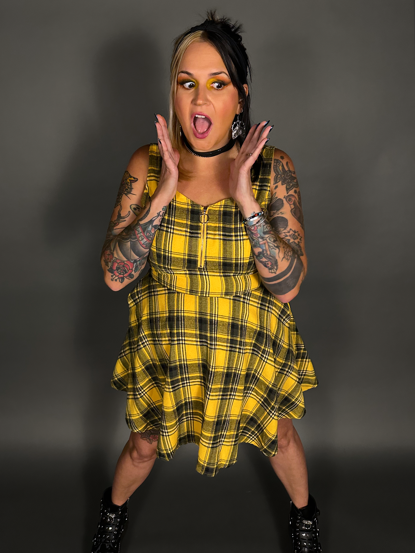 Tommyrot Mustard Yellow Plaid Sleeveless Mini Swing Dress with Front Zipper