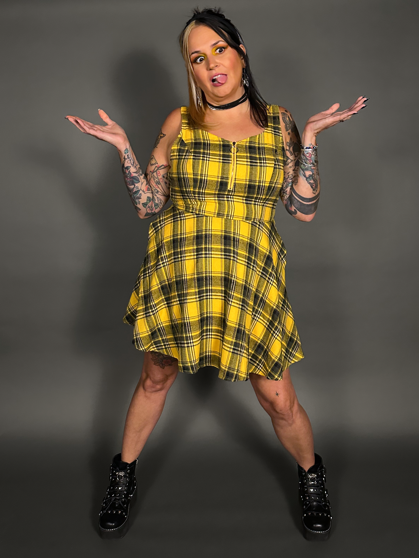 Tommyrot Mustard Yellow Plaid Sleeveless Mini Swing Dress with Front Zipper