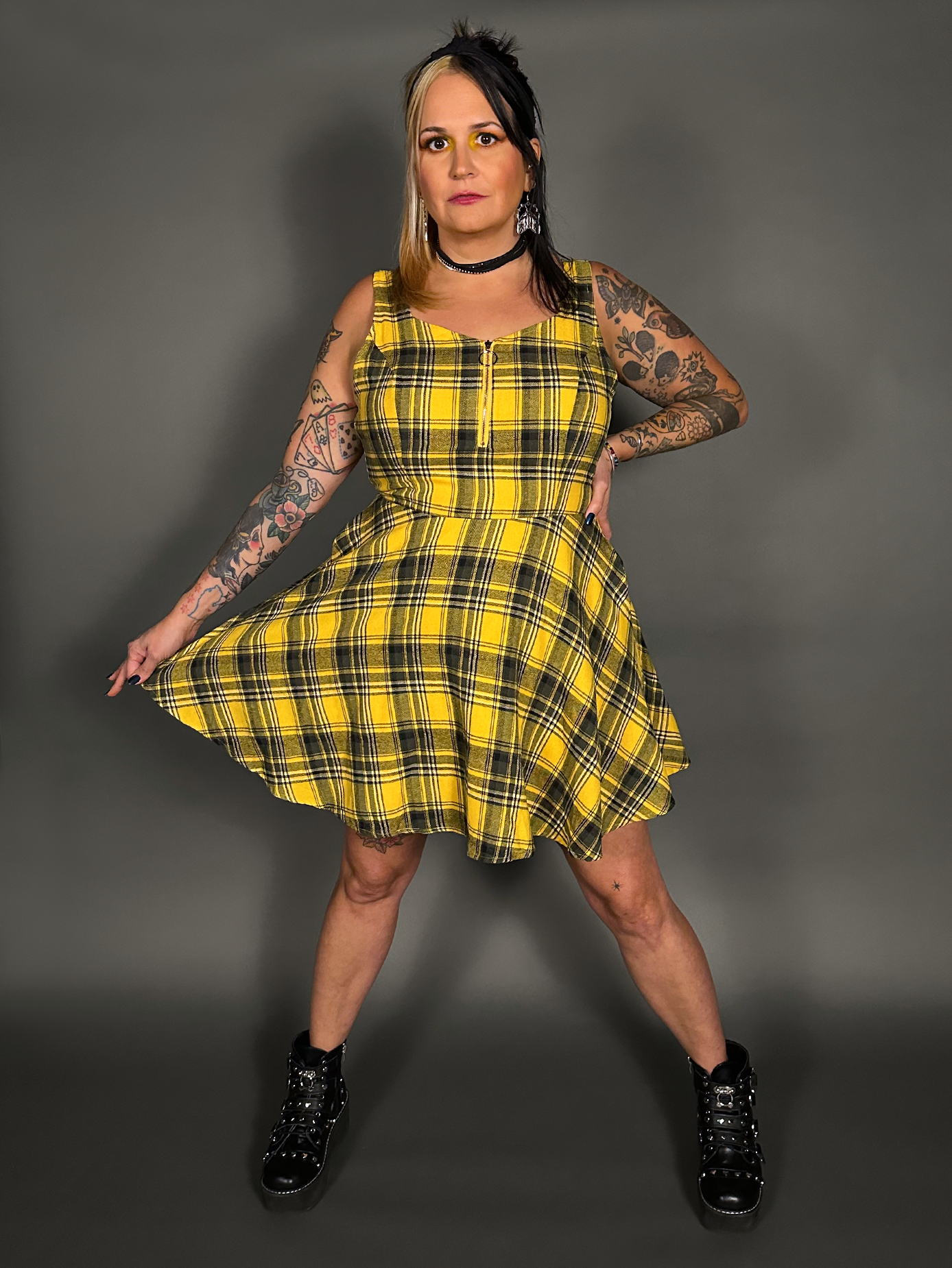 Tommyrot Mustard Yellow Plaid Sleeveless Mini Swing Dress with Front Zipper