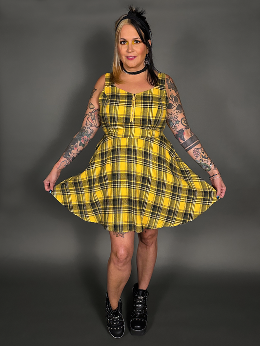 Tommyrot Mustard Yellow Plaid Sleeveless Mini Swing Dress with Front Zipper