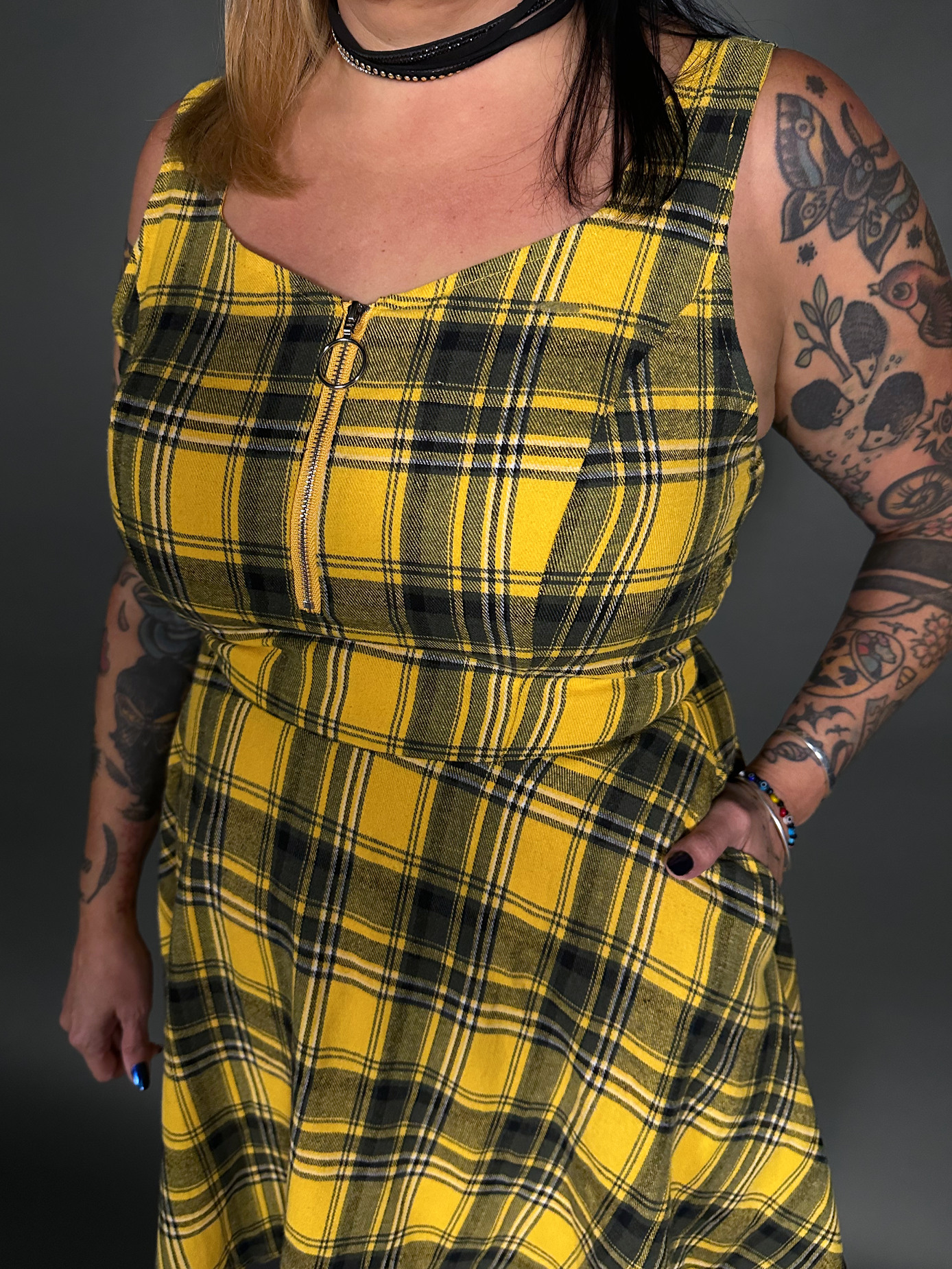 Tommyrot Mustard Yellow Plaid Sleeveless Mini Swing Dress with Front Zipper