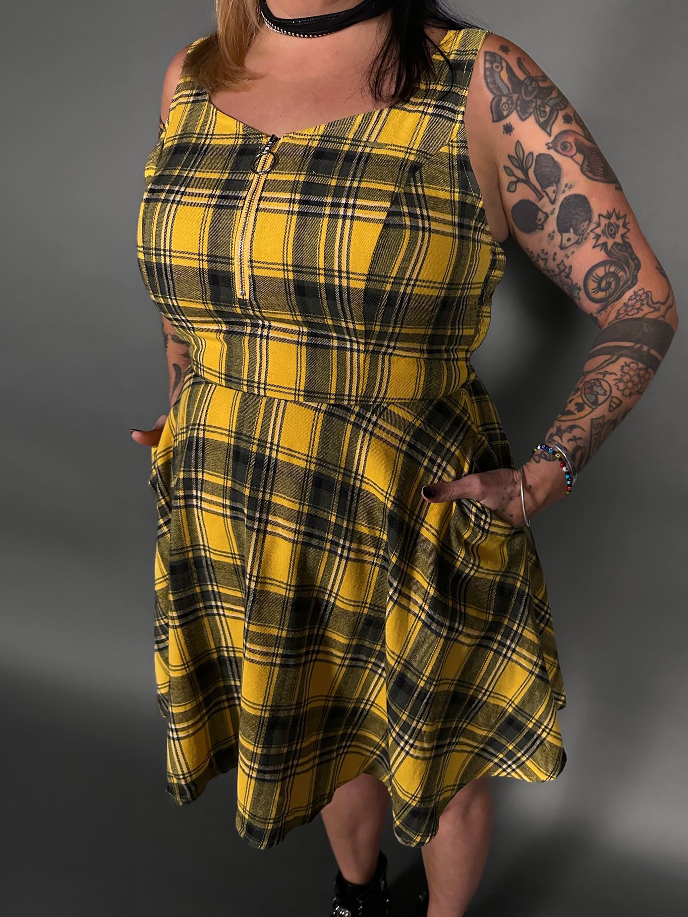 Tommyrot Mustard Yellow Plaid Sleeveless Mini Swing Dress with Front Zipper