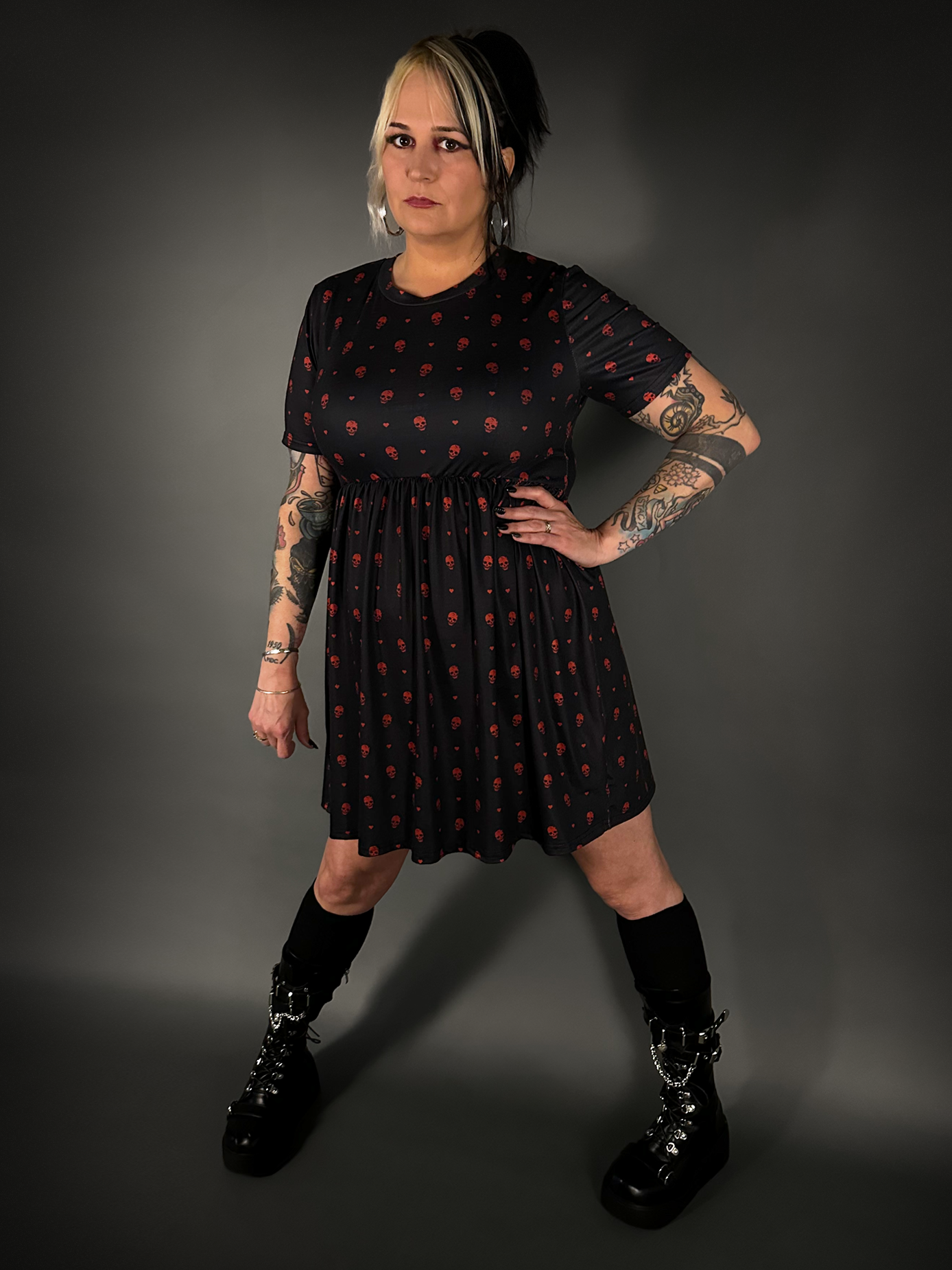 Tommyrot "Hearts and Skulls" Short Sleeve Stretch Skater Dress