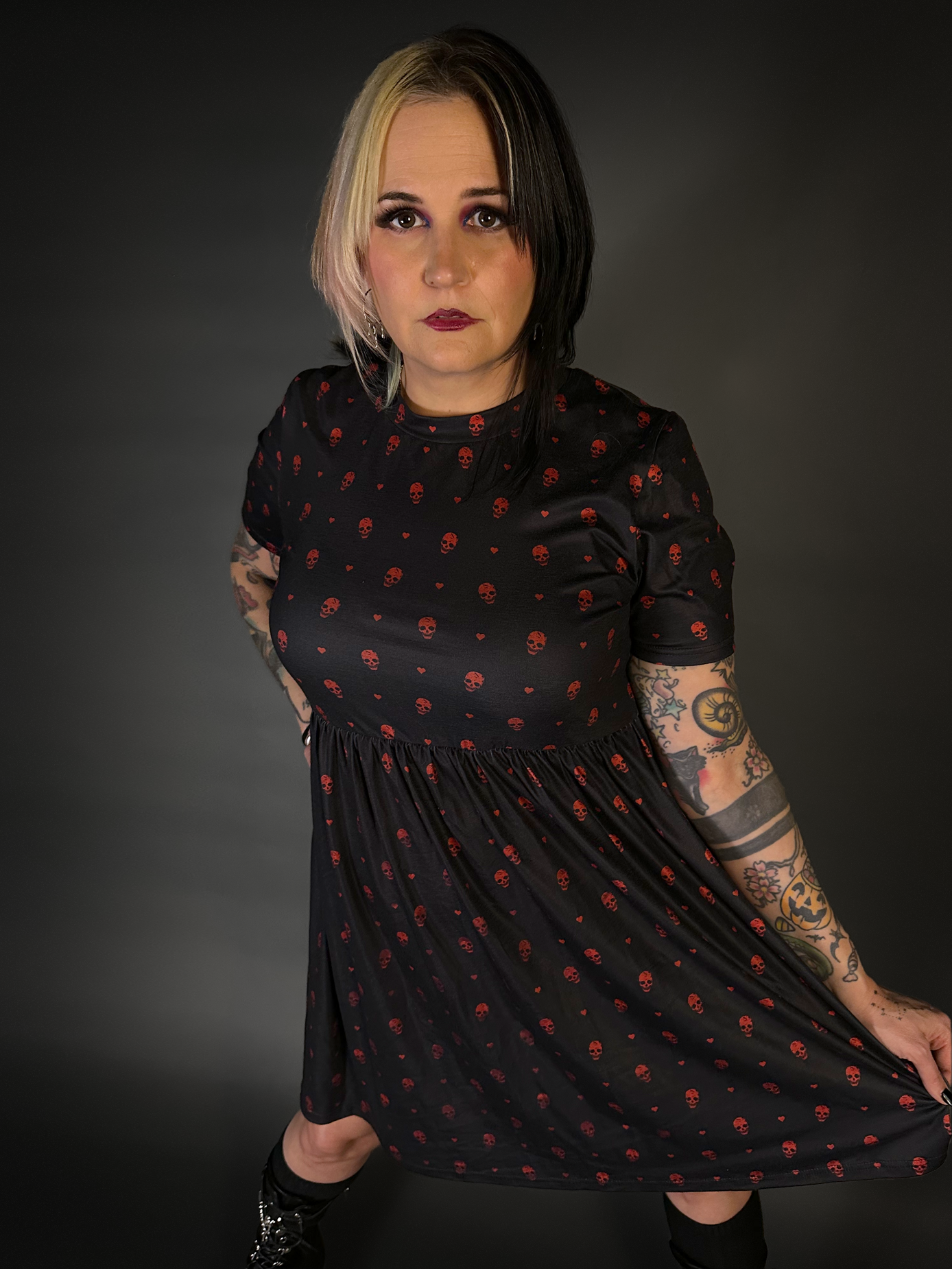 Tommyrot "Hearts and Skulls" Short Sleeve Stretch Skater Dress