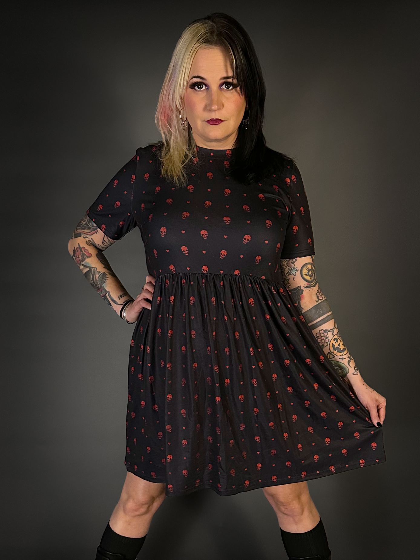 Tommyrot "Hearts and Skulls" Short Sleeve Stretch Skater Dress