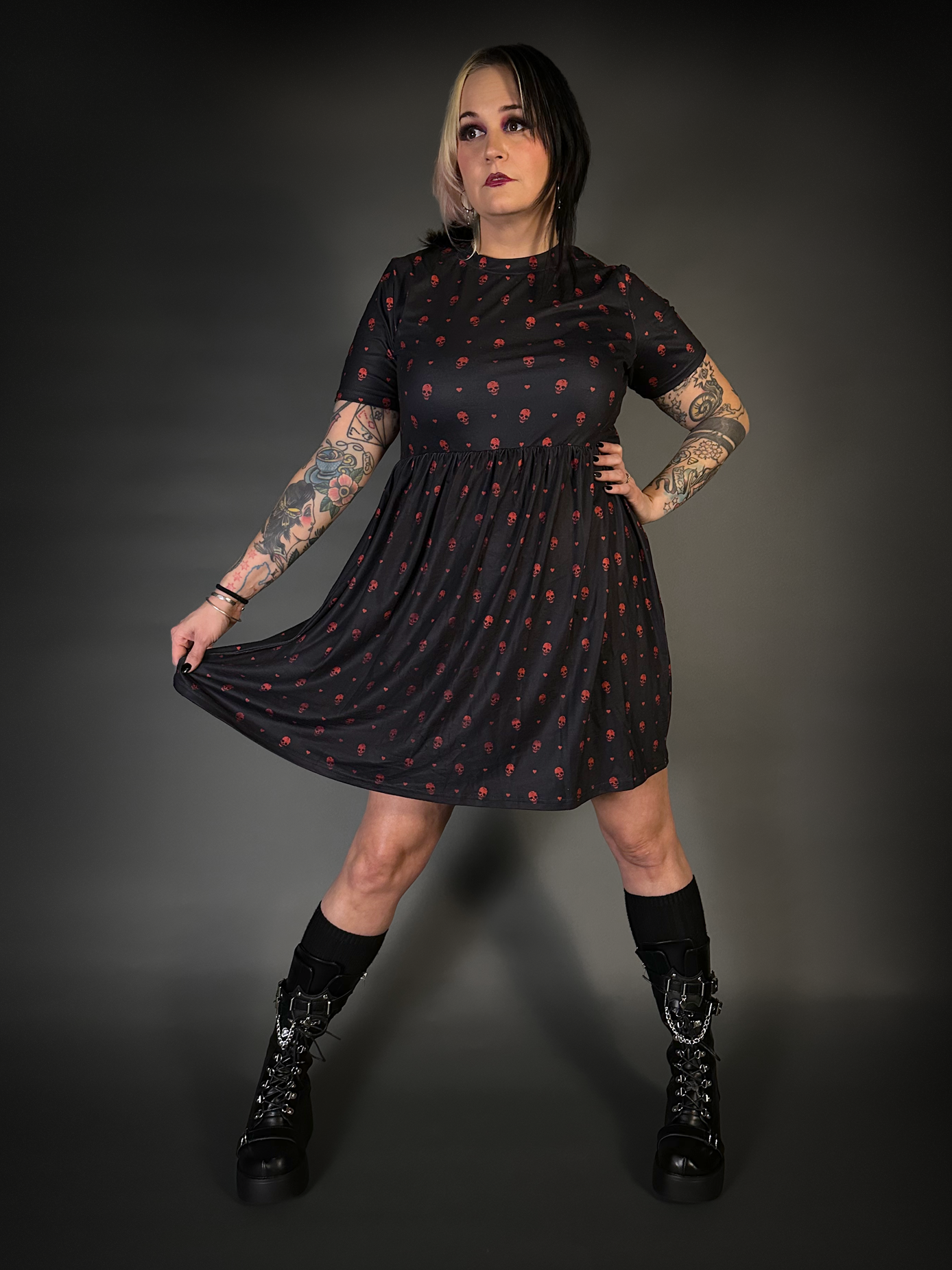 Tommyrot "Hearts and Skulls" Short Sleeve Stretch Skater Dress